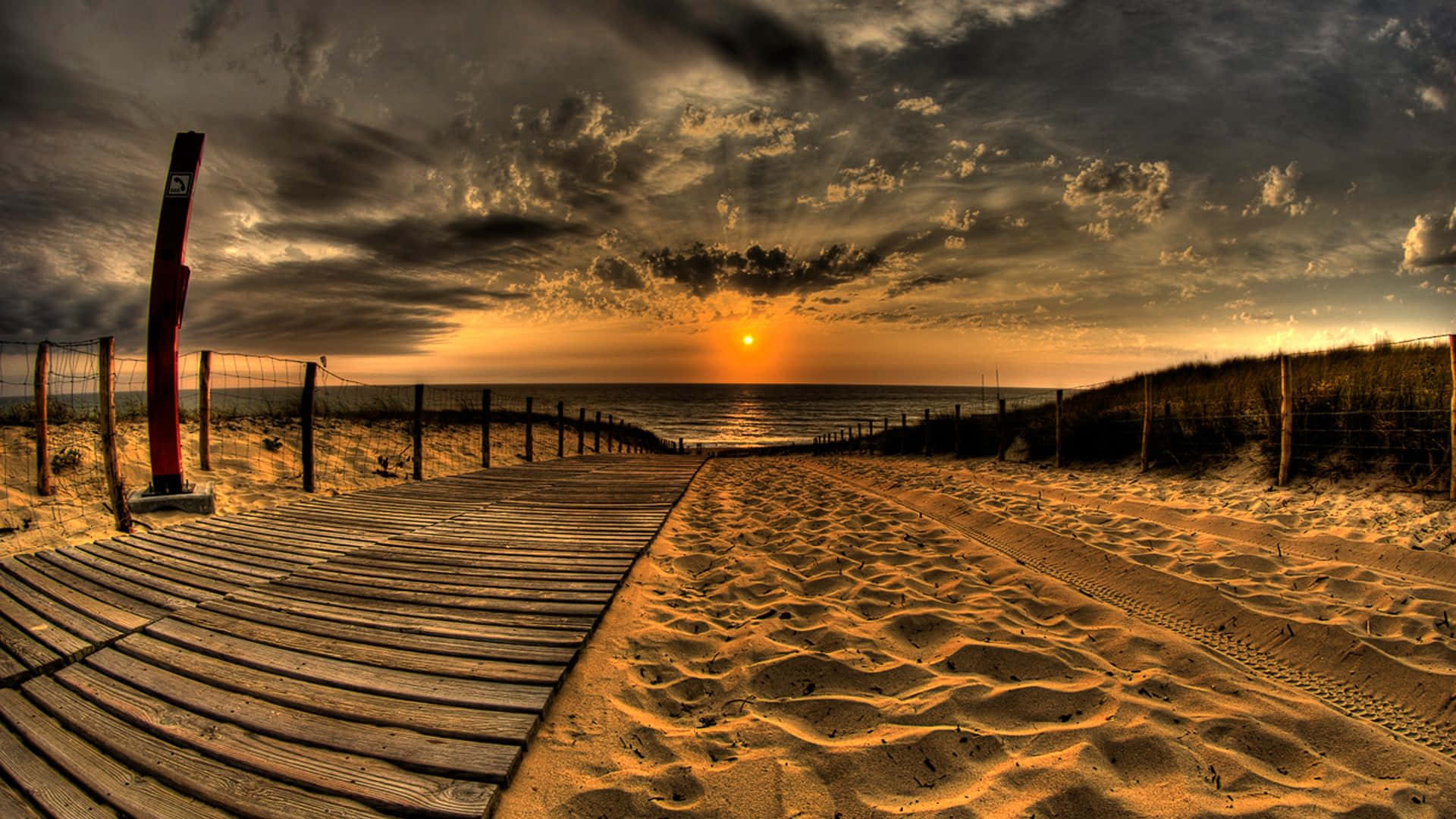 Yellow Sunset, wooden boardwalk, sandy path, Full HD Desktop Wallpaper