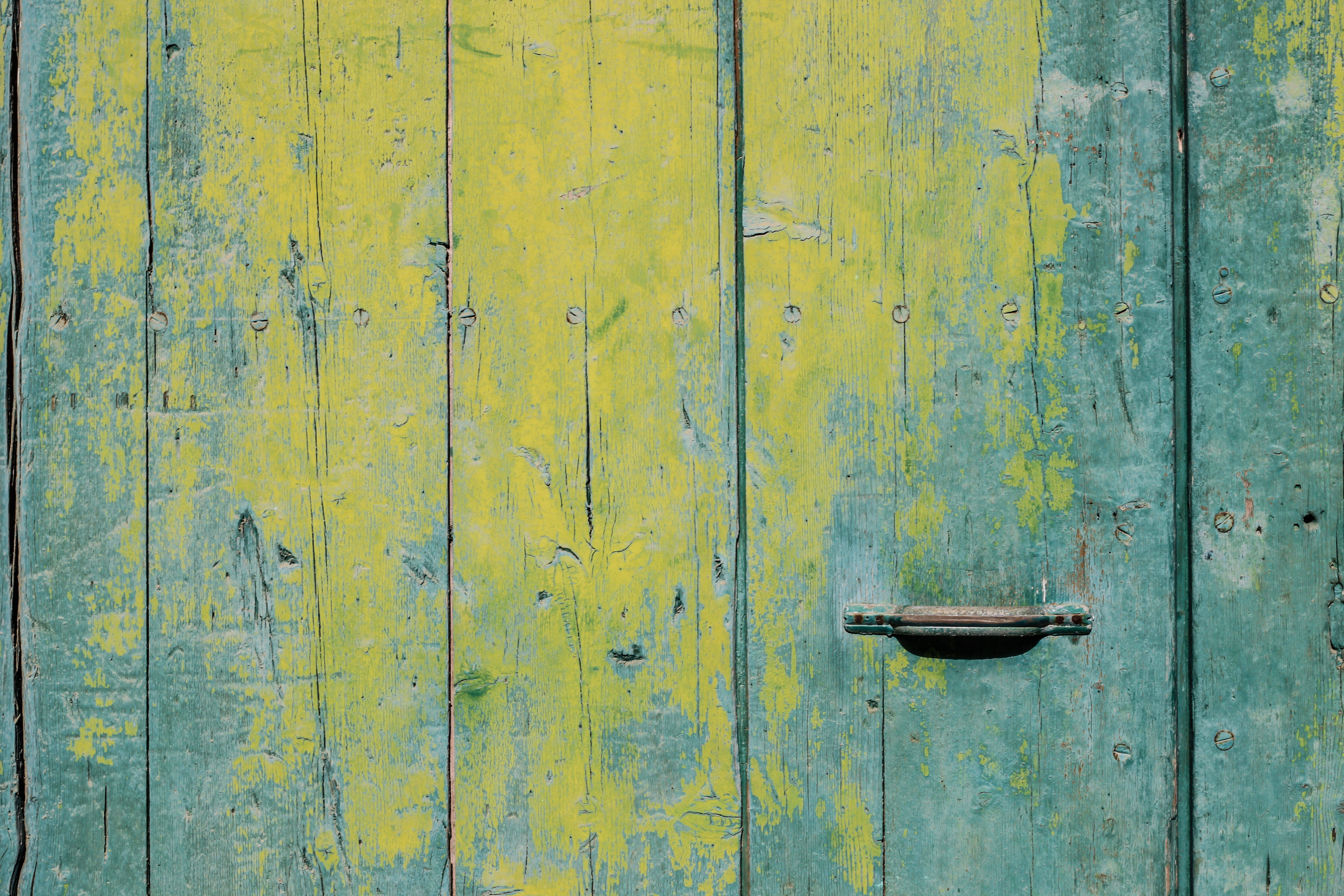 wooden door, peeling yellow paint, teal paint, 5K Desktop Wallpaper