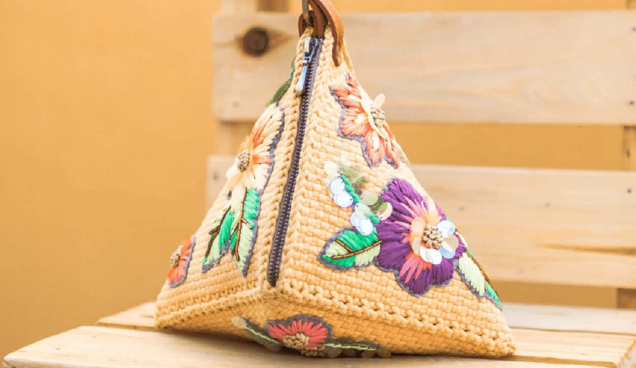 Yellow Triangle, woven straw bag, colorful floral embroidery, HD Desktop Wallpaper