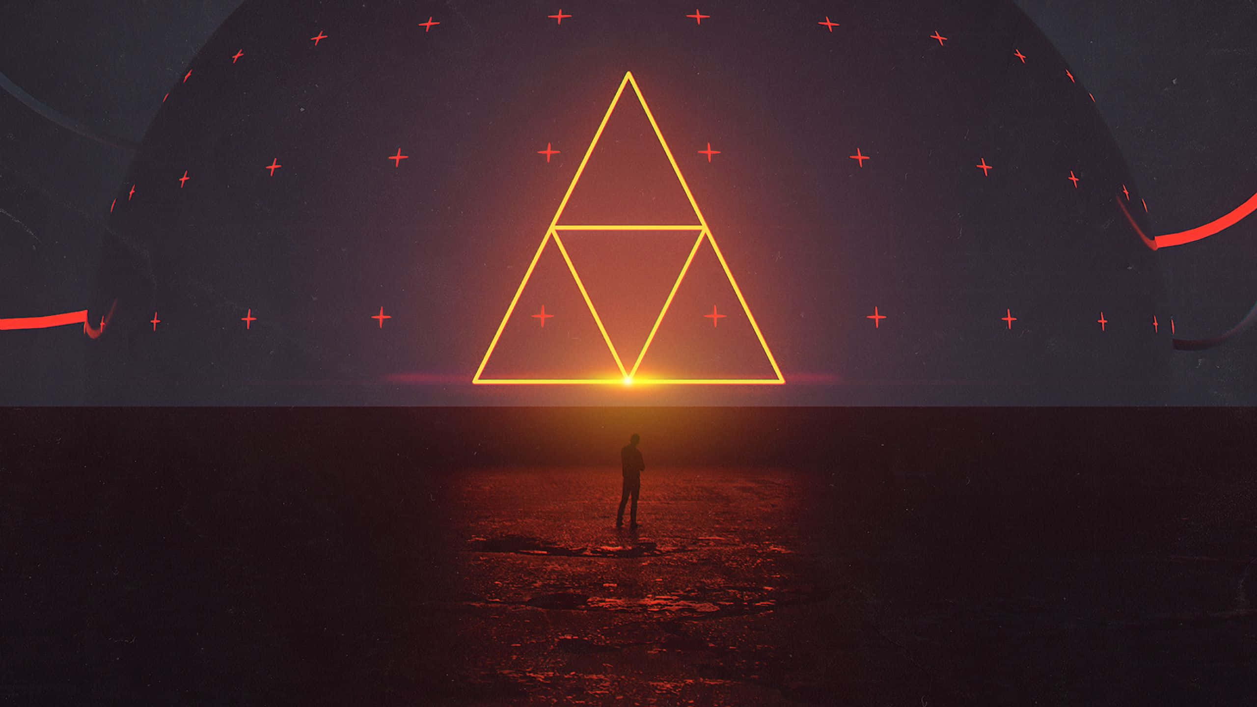 Yellow Triangle, glowing golden triforce symbol, starry cosmic dome, 2K Desktop Wallpaper