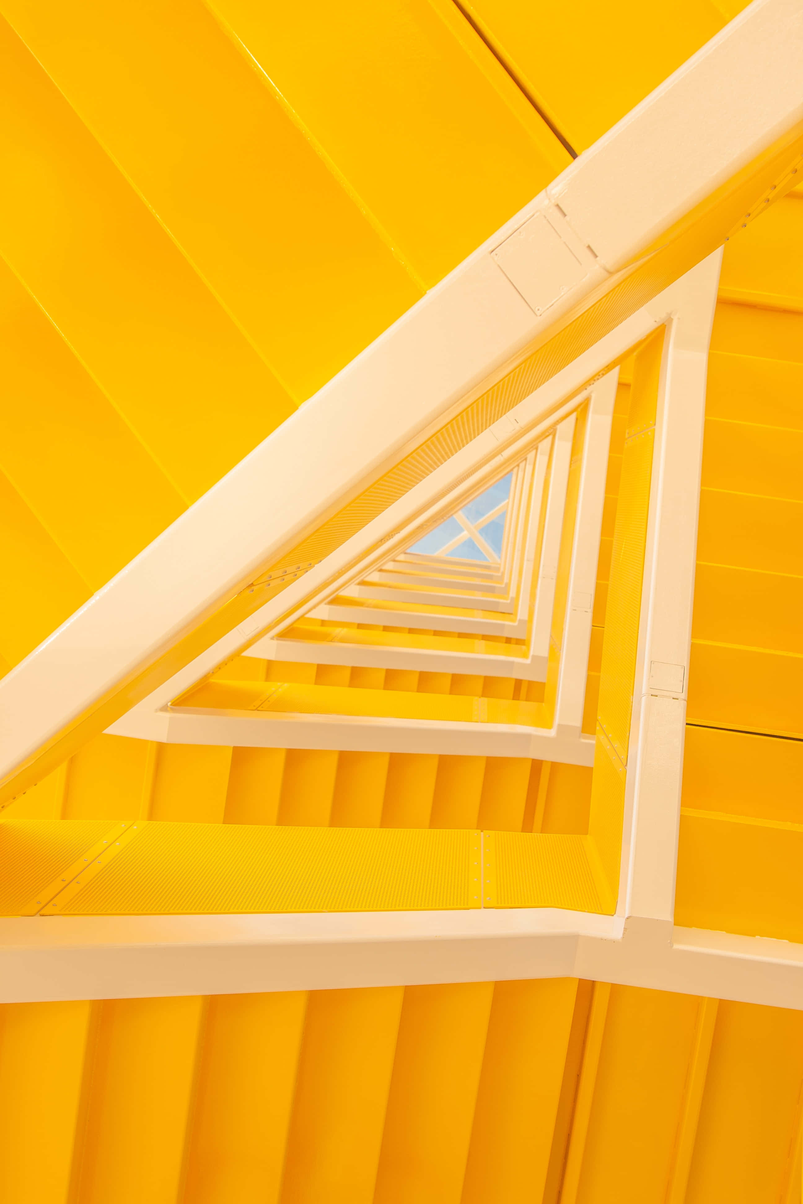 Yellow Triangle, vibrant yellow staircase, geometric pattern, 4K Phone Wallpaper
