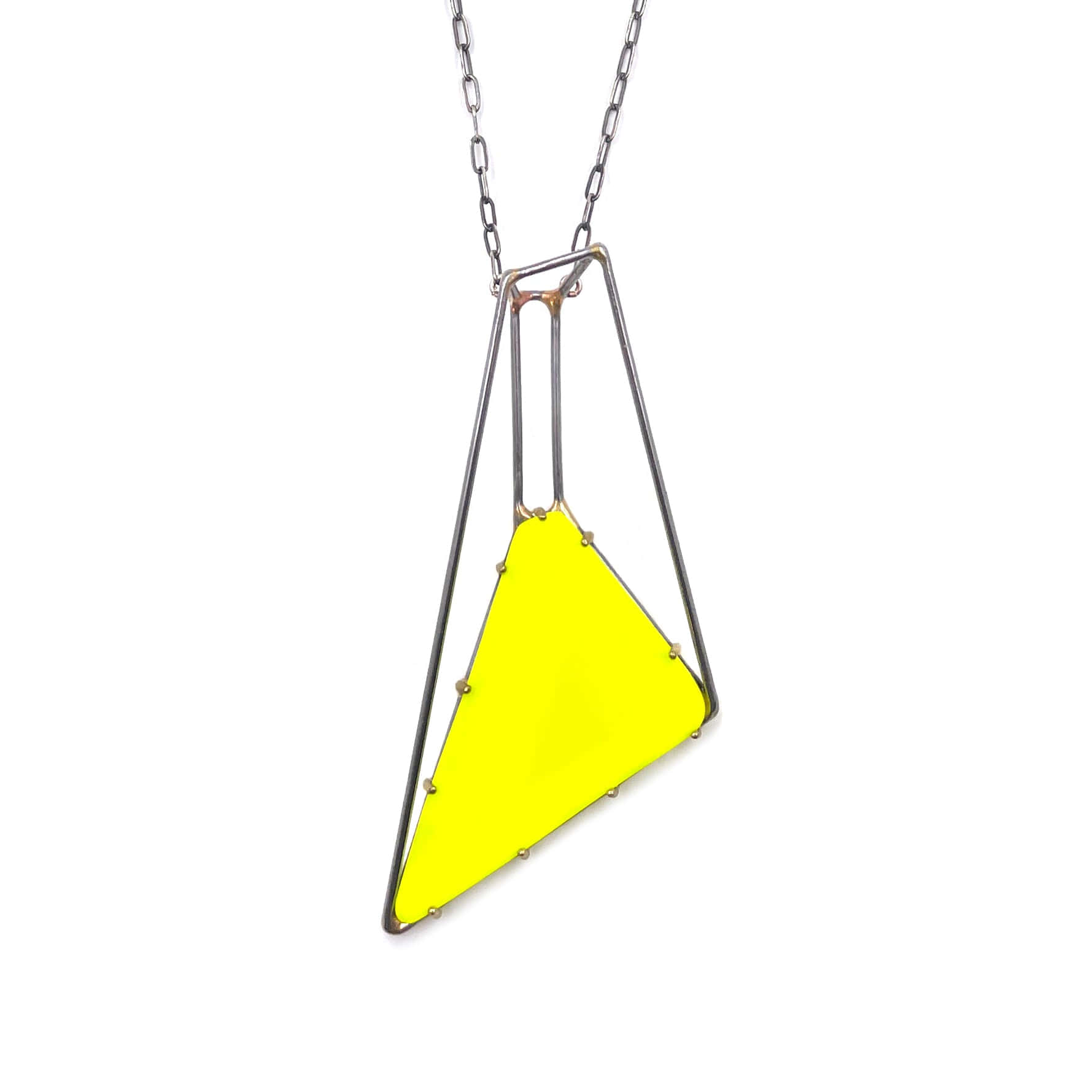 Yellow Triangle, bright yellow triangular pendant, silver geometric wire structure, HD Desktop Wallpaper