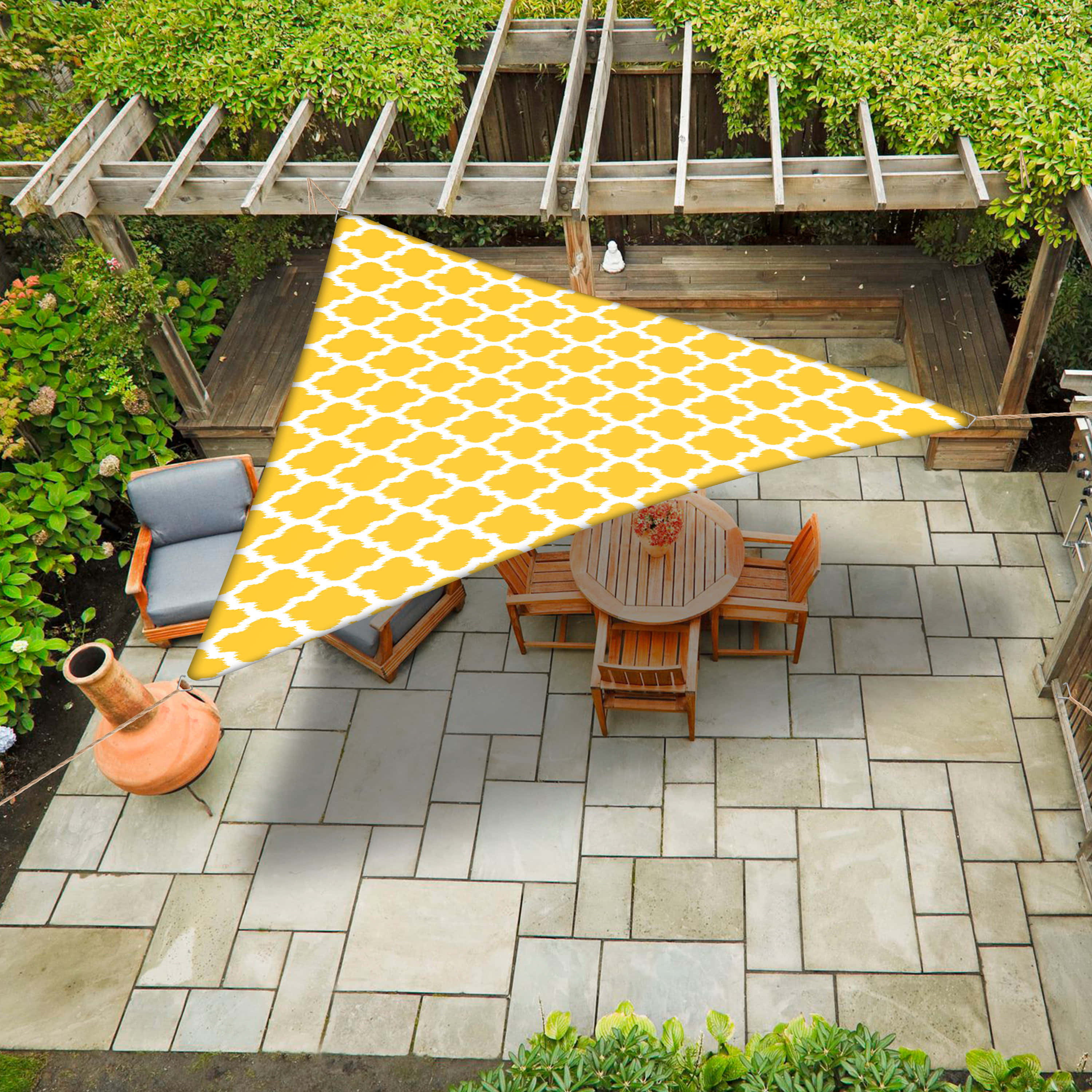 Yellow Triangle, quatrefoil patterned triangular canopy, stone patio, 2K Desktop Wallpaper