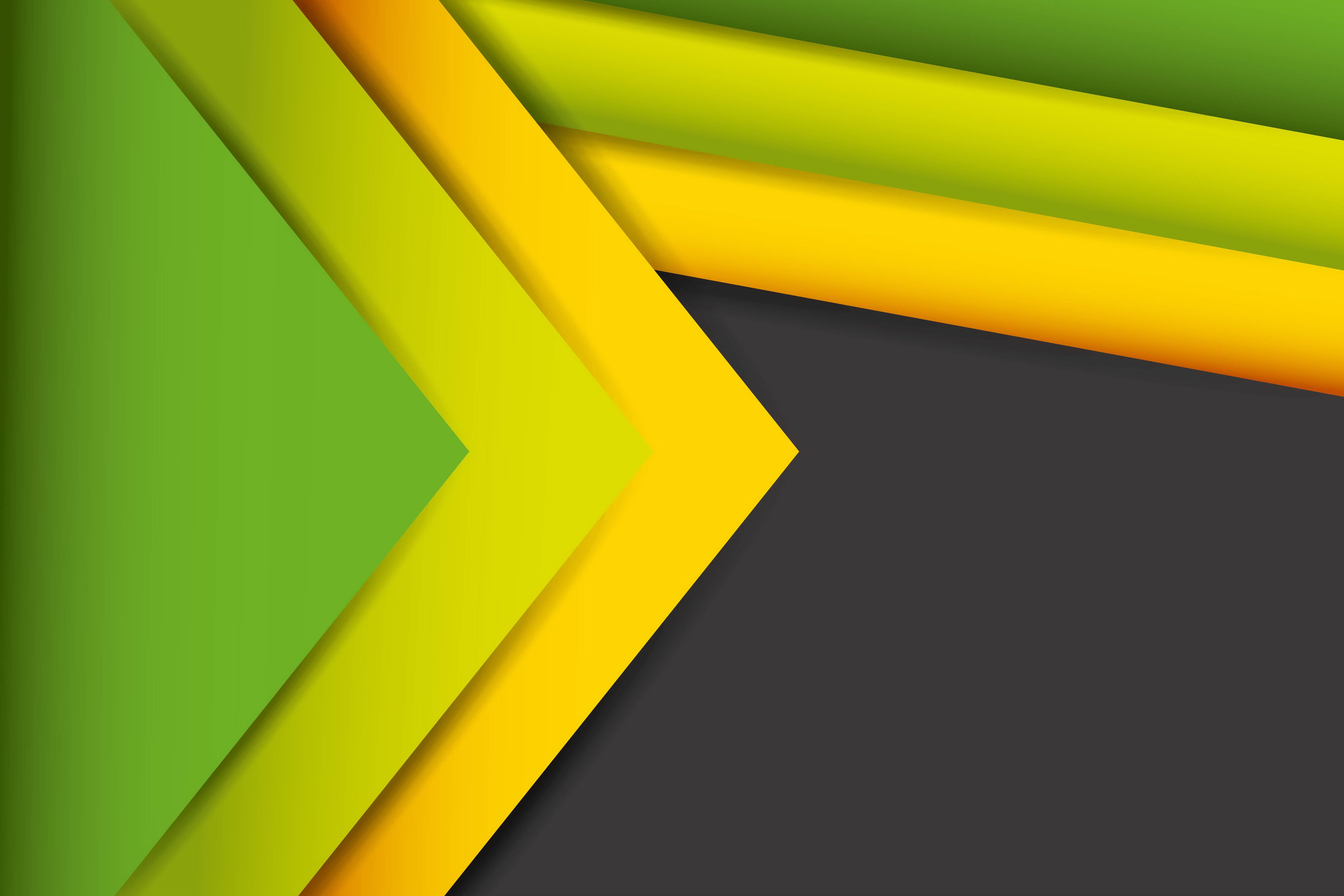 yellow triangle, green triangle, geometric shapes, 5K Desktop Wallpaper