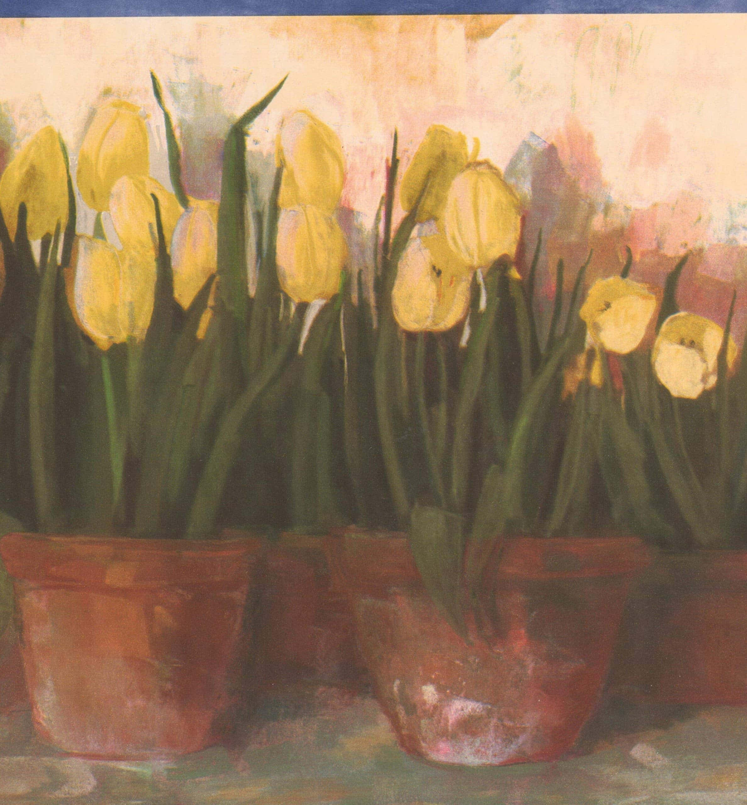 Yellow Tulips, terracotta pots, soft textured brushstrokes, 2K Phone Wallpaper