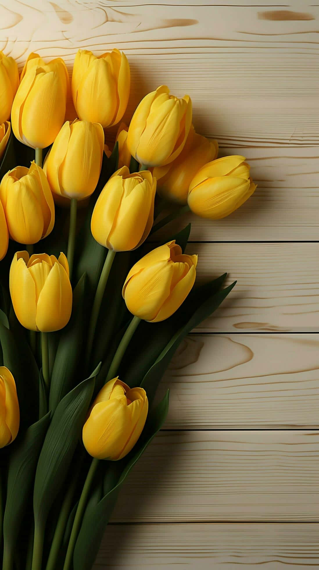 yellow tulips, green stems, light wooden plank surface, Full HD Phone Wallpaper