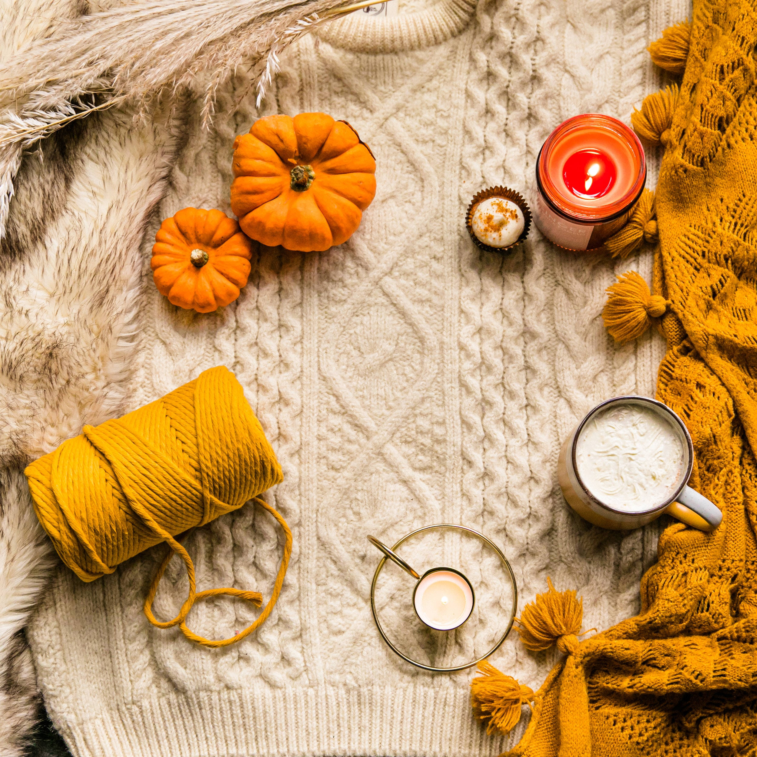 yellow vintage aesthetic, autumn flat lay, pumpkins, Full HD Desktop Wallpaper