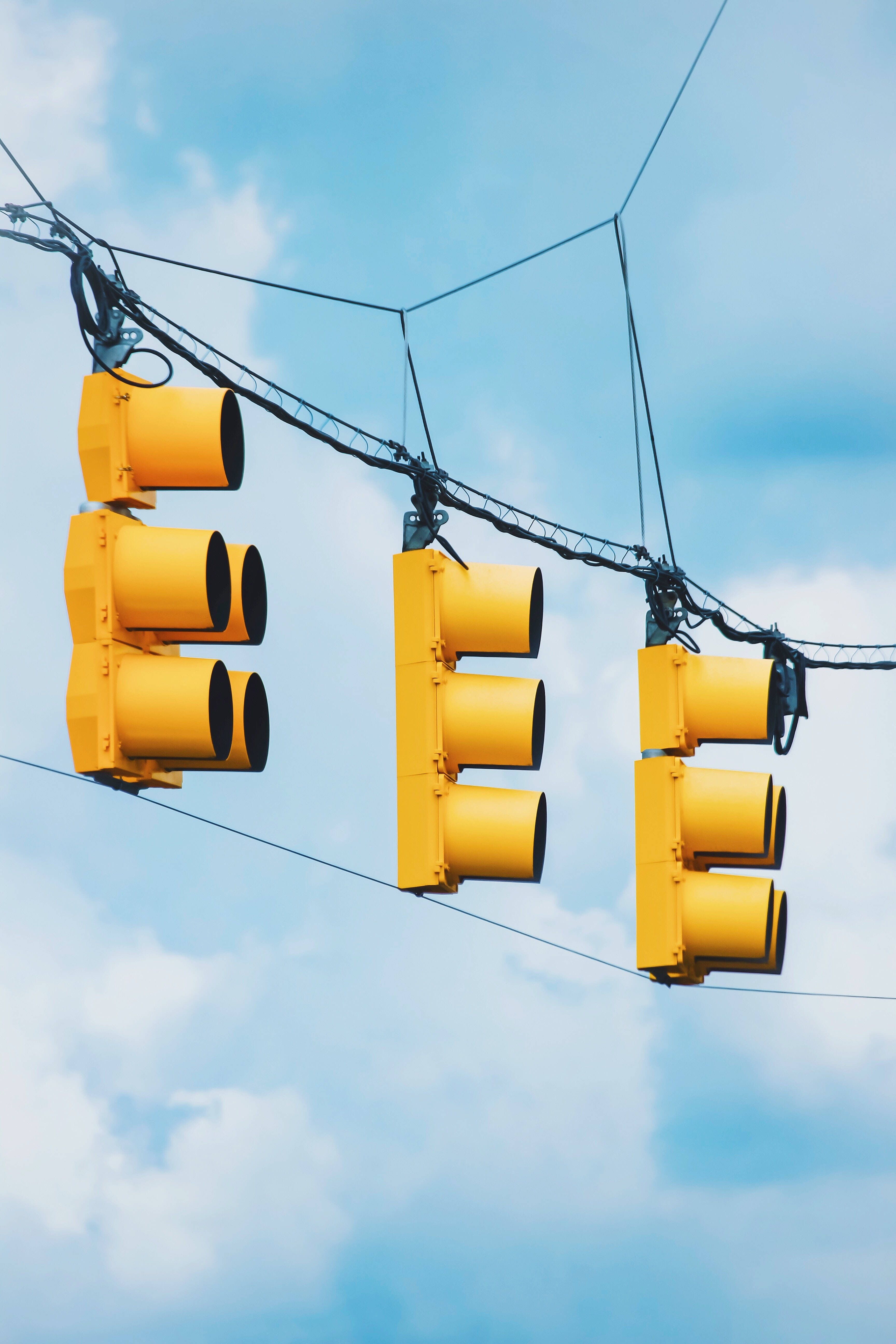 yellow traffic lights, clear sky, bright blue sky, 5K Phone Wallpaper