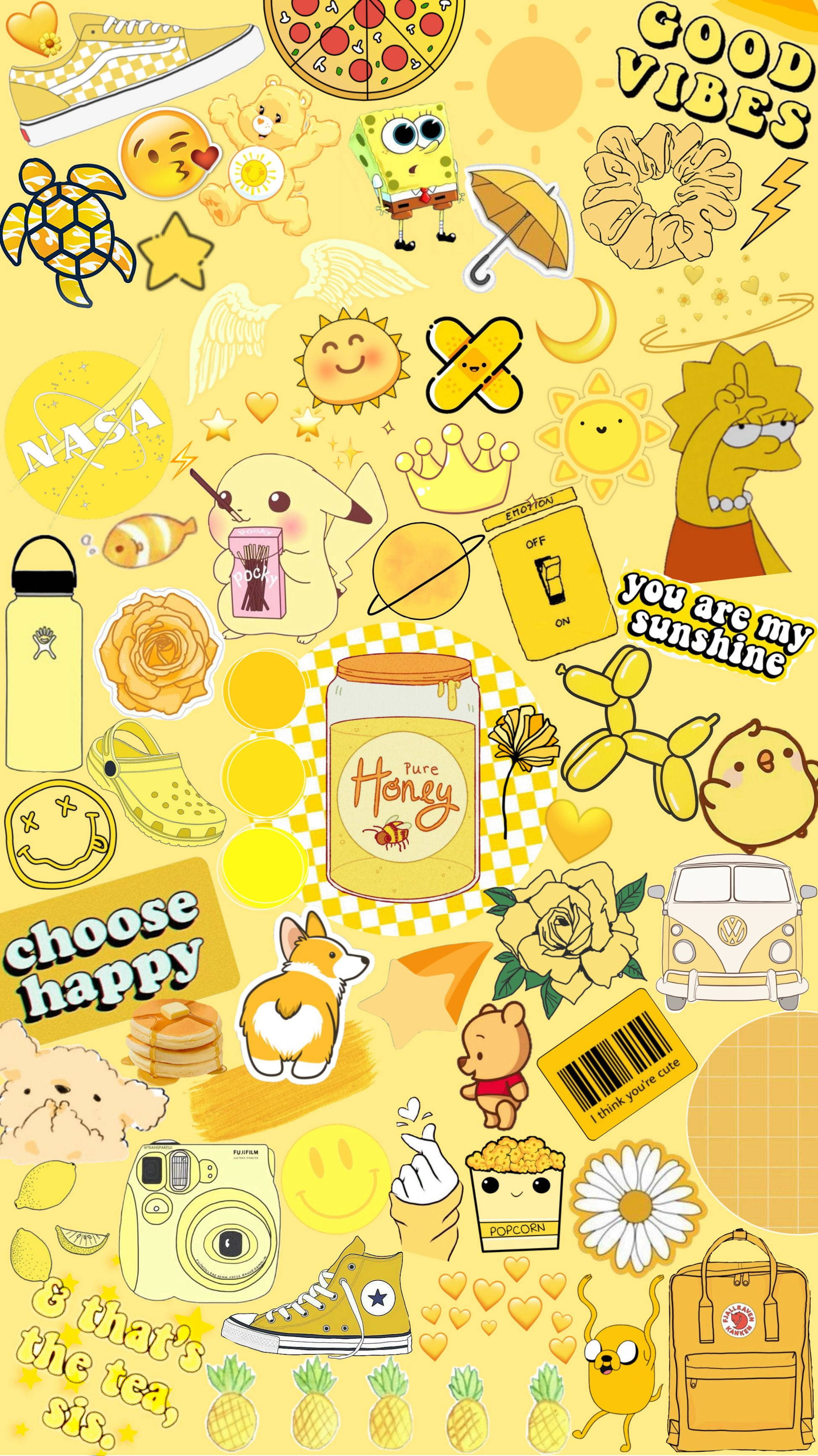 Plain Yellow iPhone, cartoon characters, snacks, 2K Phone Wallpaper