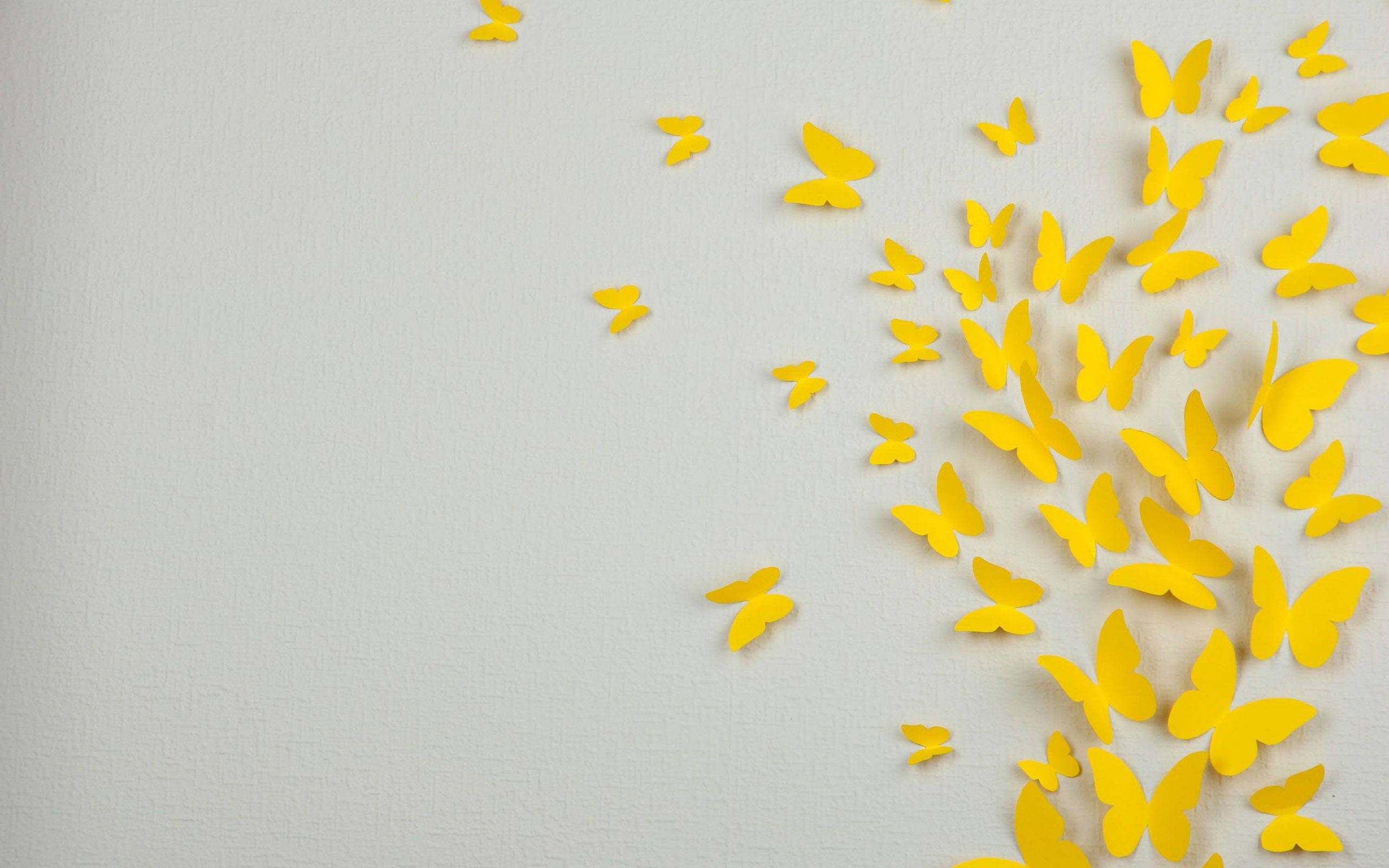 yellow paper butterflies, textured white wall, cheerful minimalist decor scene, 2K Desktop Wallpaper