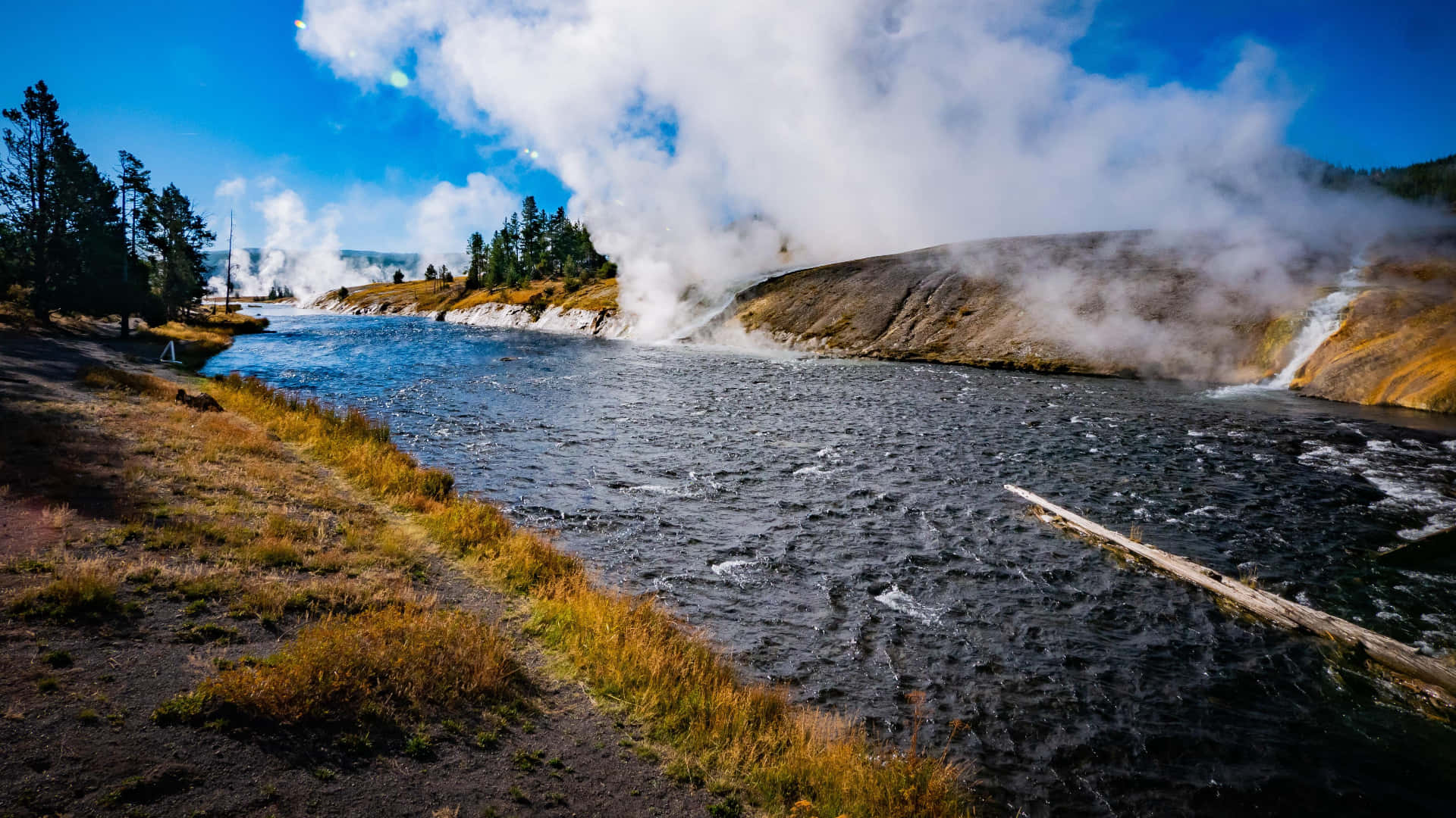 Yellowstone Geysers, steaming river, geothermal landscape, Full HD Desktop Wallpaper
