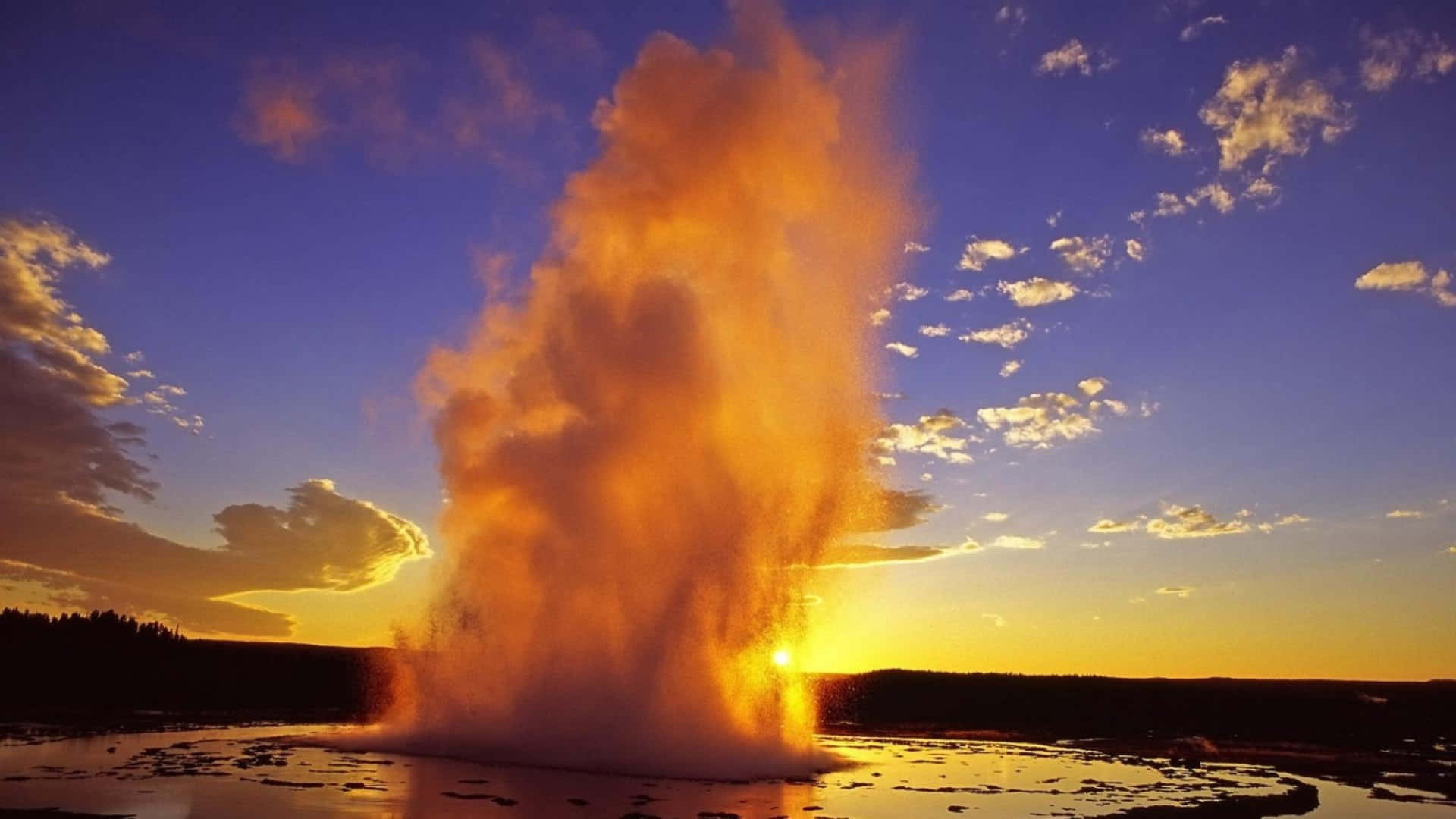 Yellowstone Geysers, fiery orange, twilight sky, Full HD Desktop Wallpaper