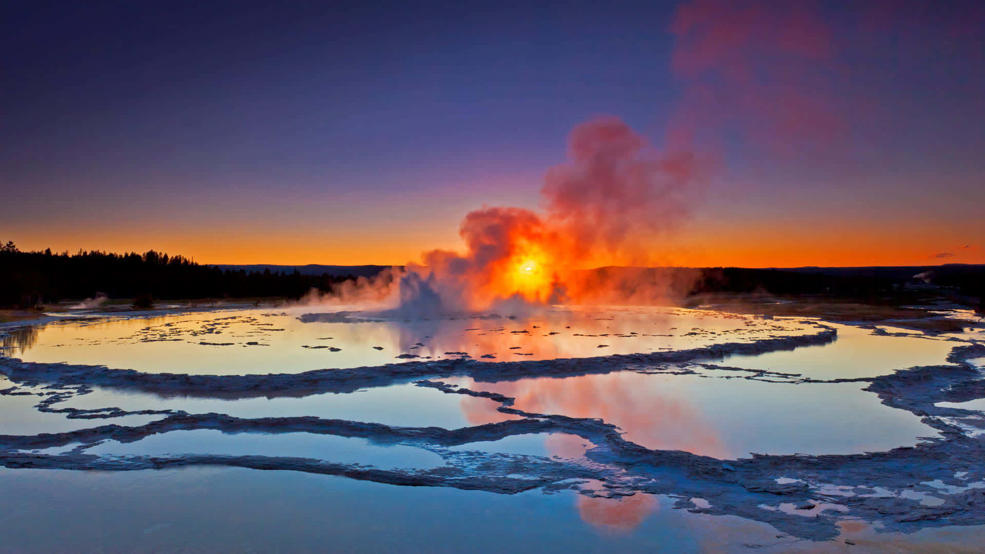 Yellowstone Geysers, dusk, fiery orange, Full HD Desktop Wallpaper