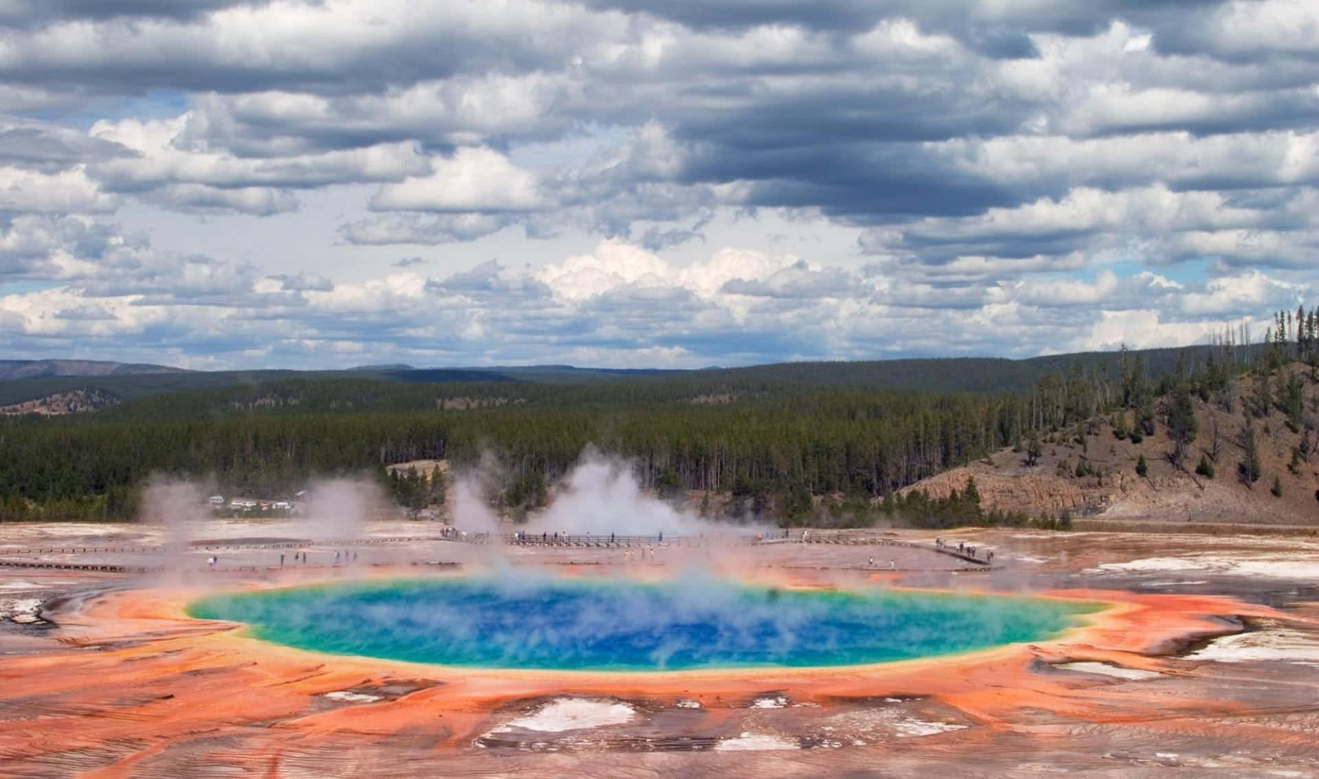 Yellowstone Geysers, turquoise hot spring, orange mineral terraces, Full HD Desktop Wallpaper
