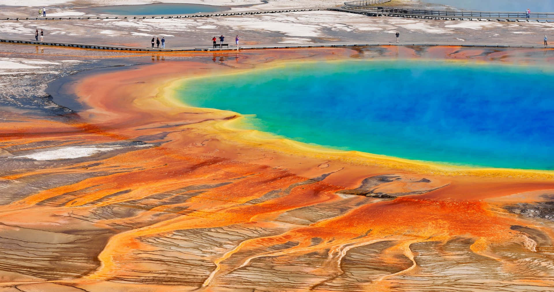 Yellowstone Geysers, turquoise hot spring, fiery orange mineral terraces, Full HD Desktop Wallpaper