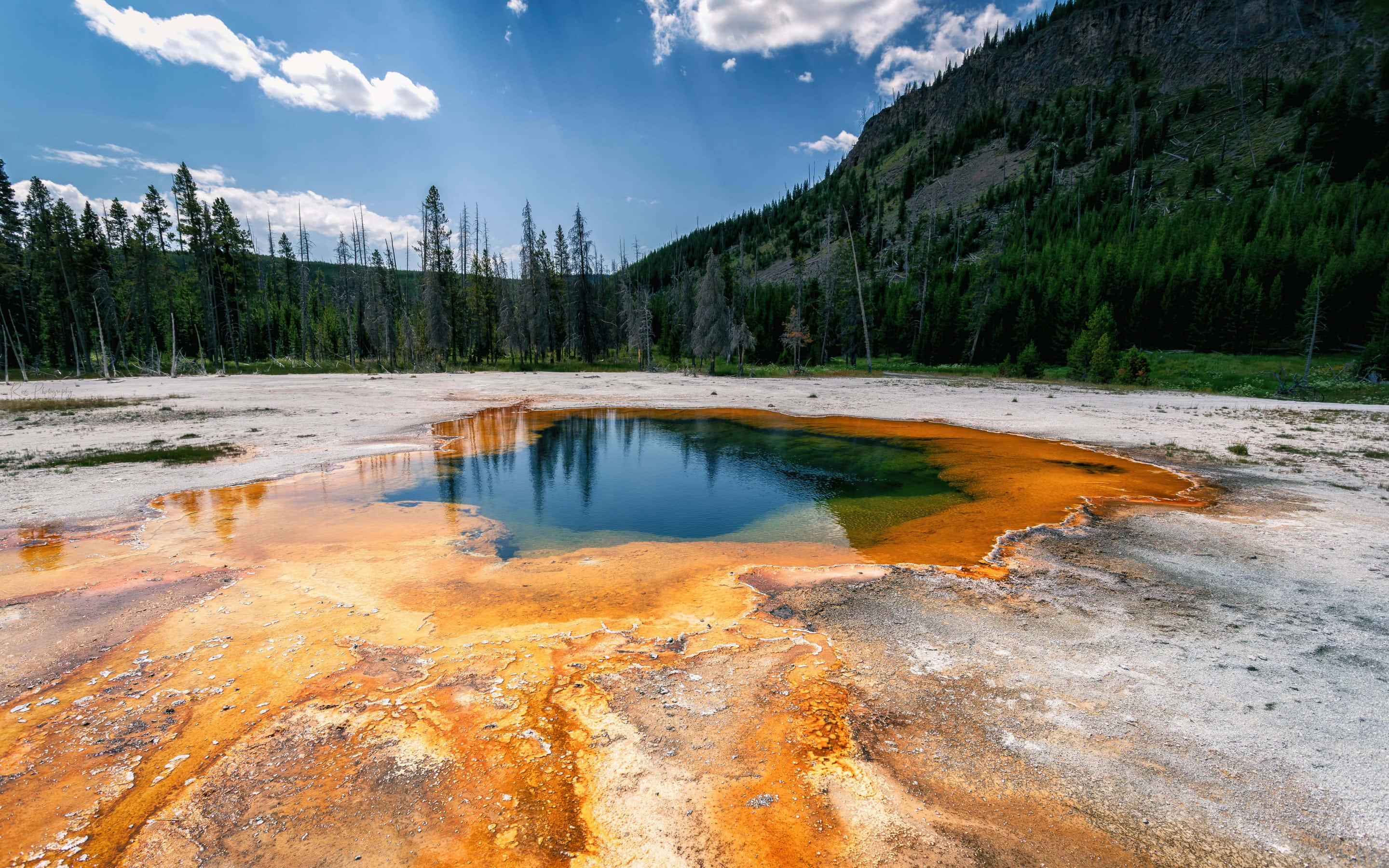 Yellowstone Geysers, orange mineral pool, clear blue sky, 2K Desktop Wallpaper