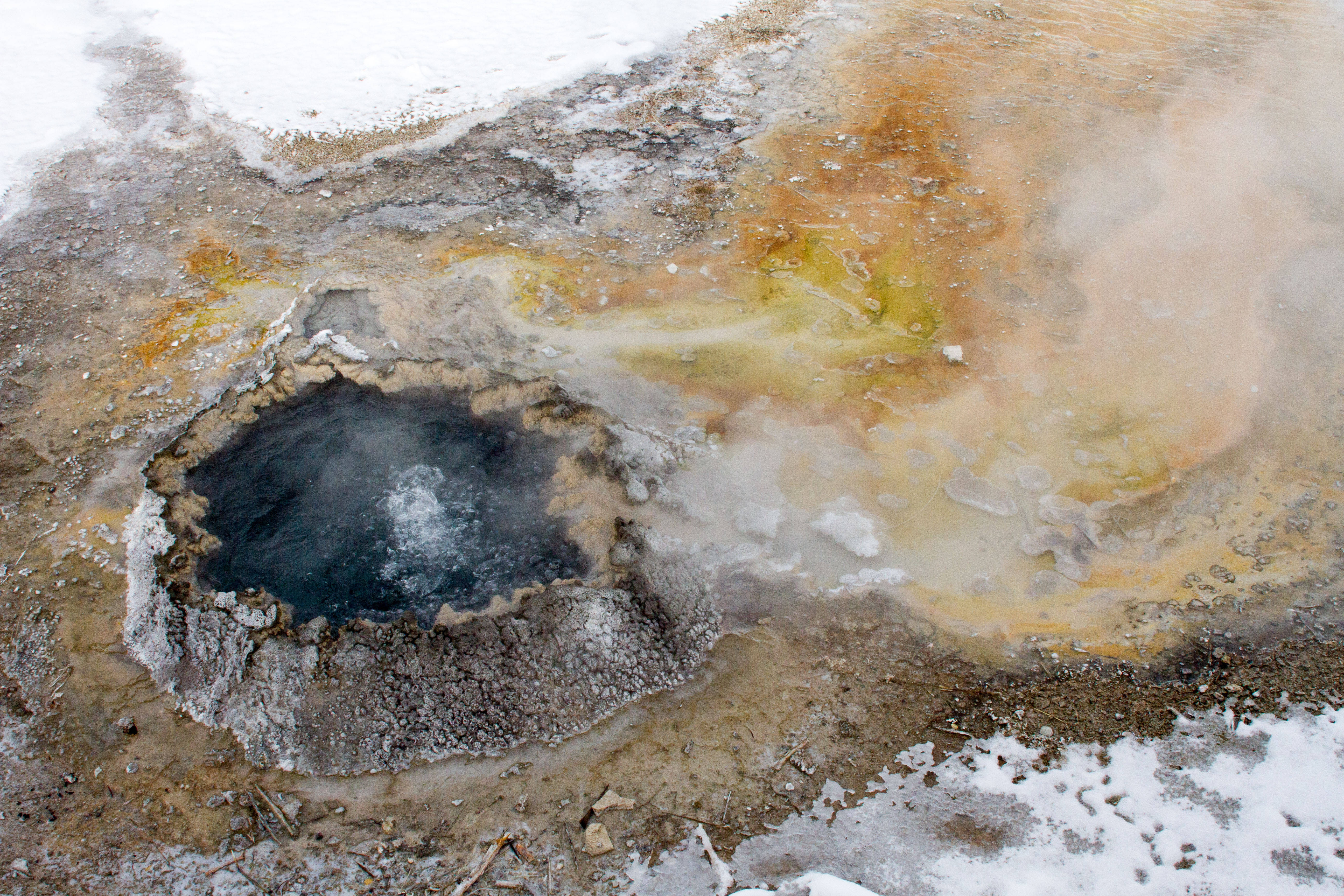 Yellowstone National Park, geothermal pool, mineral-stained earth, 5K Desktop Wallpaper