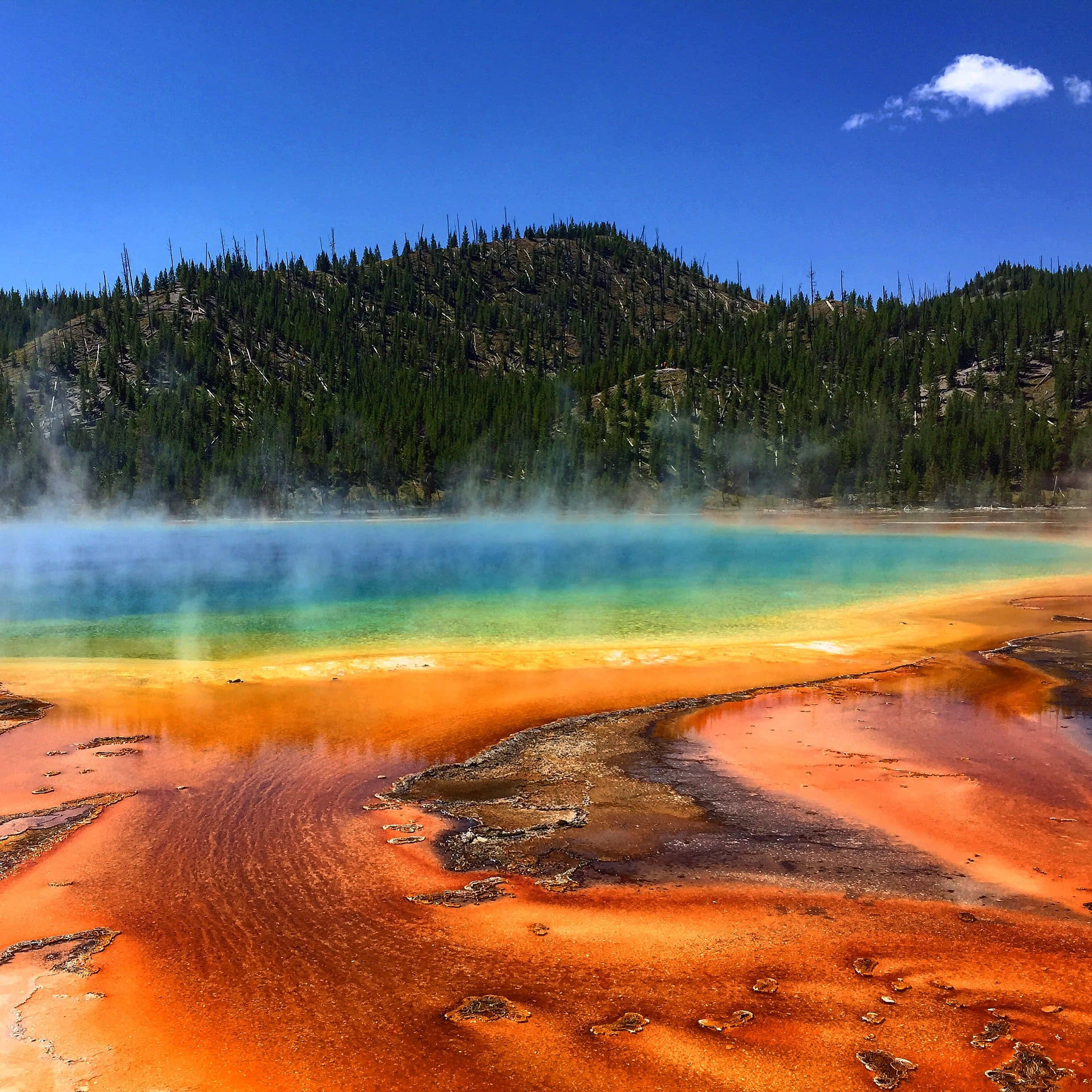Yellowstone National Park, turquoise hot spring, orange mineral deposits, Full HD Desktop Wallpaper