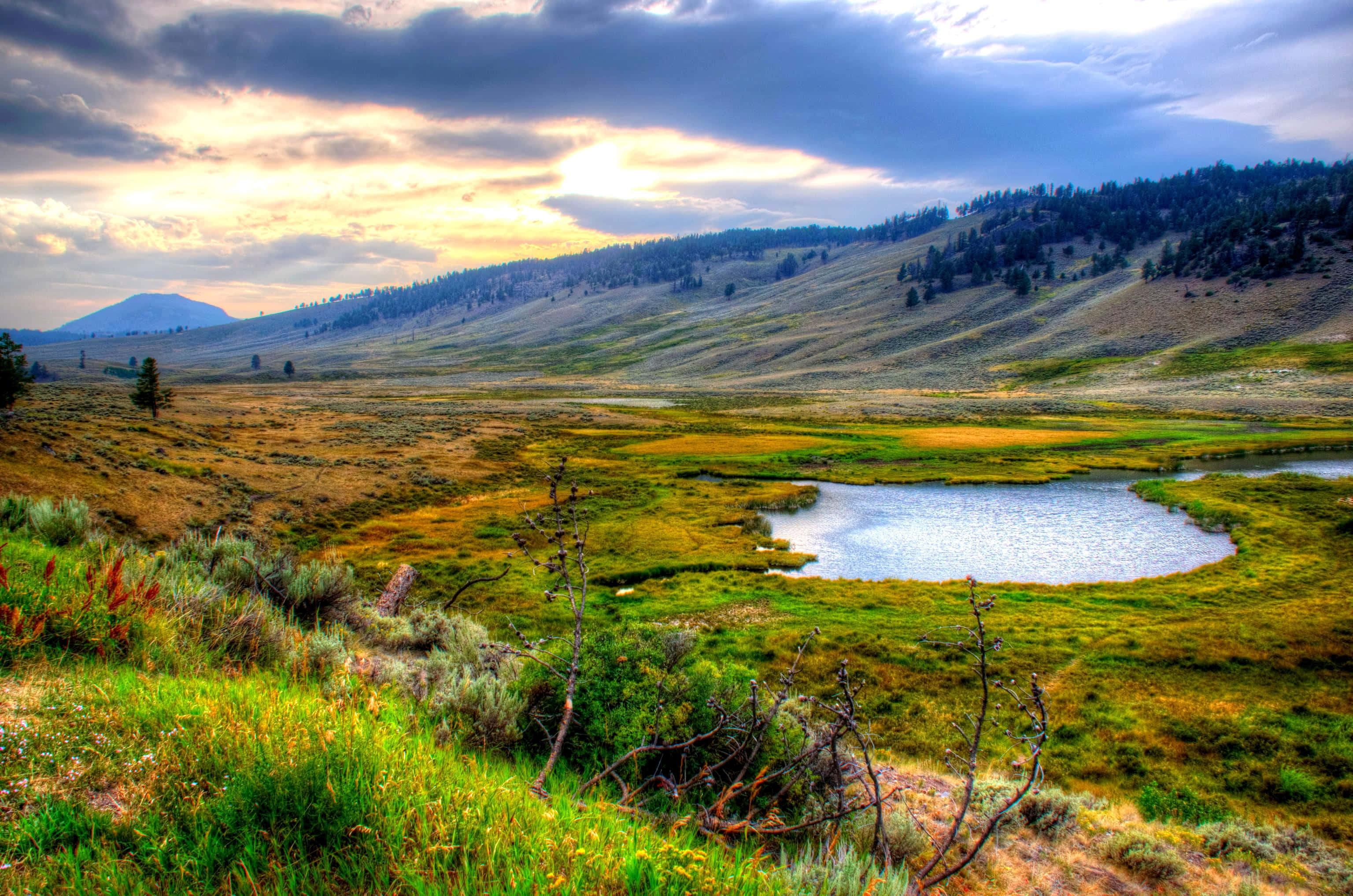 Yellowstone National Park, sunset, winding river, 2K Desktop Wallpaper