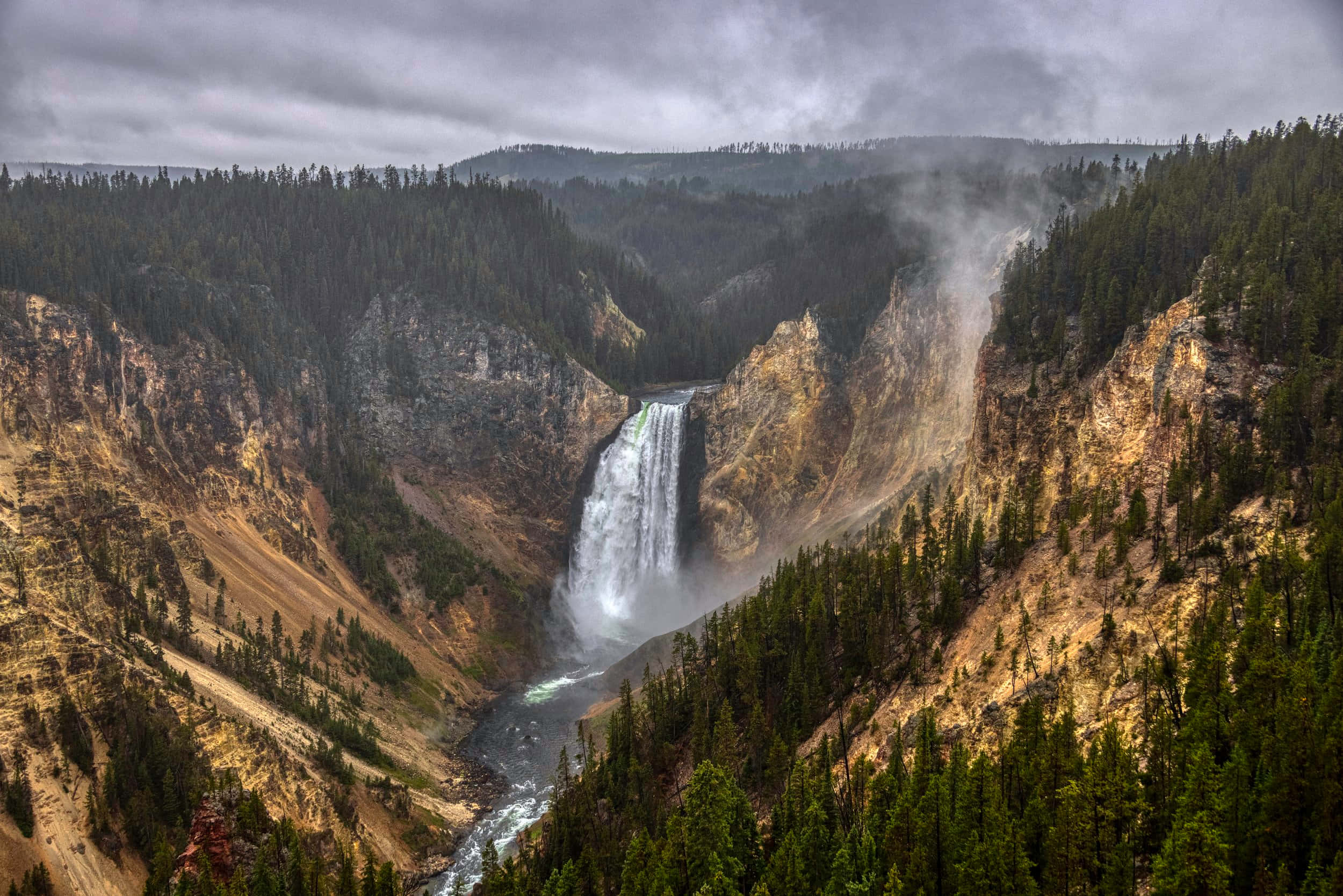 Yellowstone National Park, waterfall, rugged canyon, Full HD Desktop Wallpaper