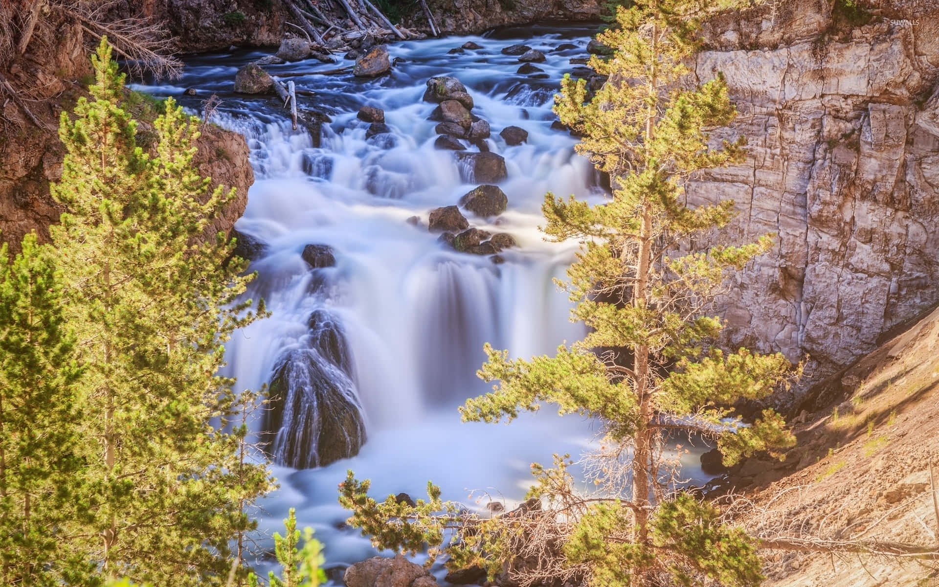 Yellowstone National Park, serene waterfall, mossy rocks, Full HD Desktop Wallpaper