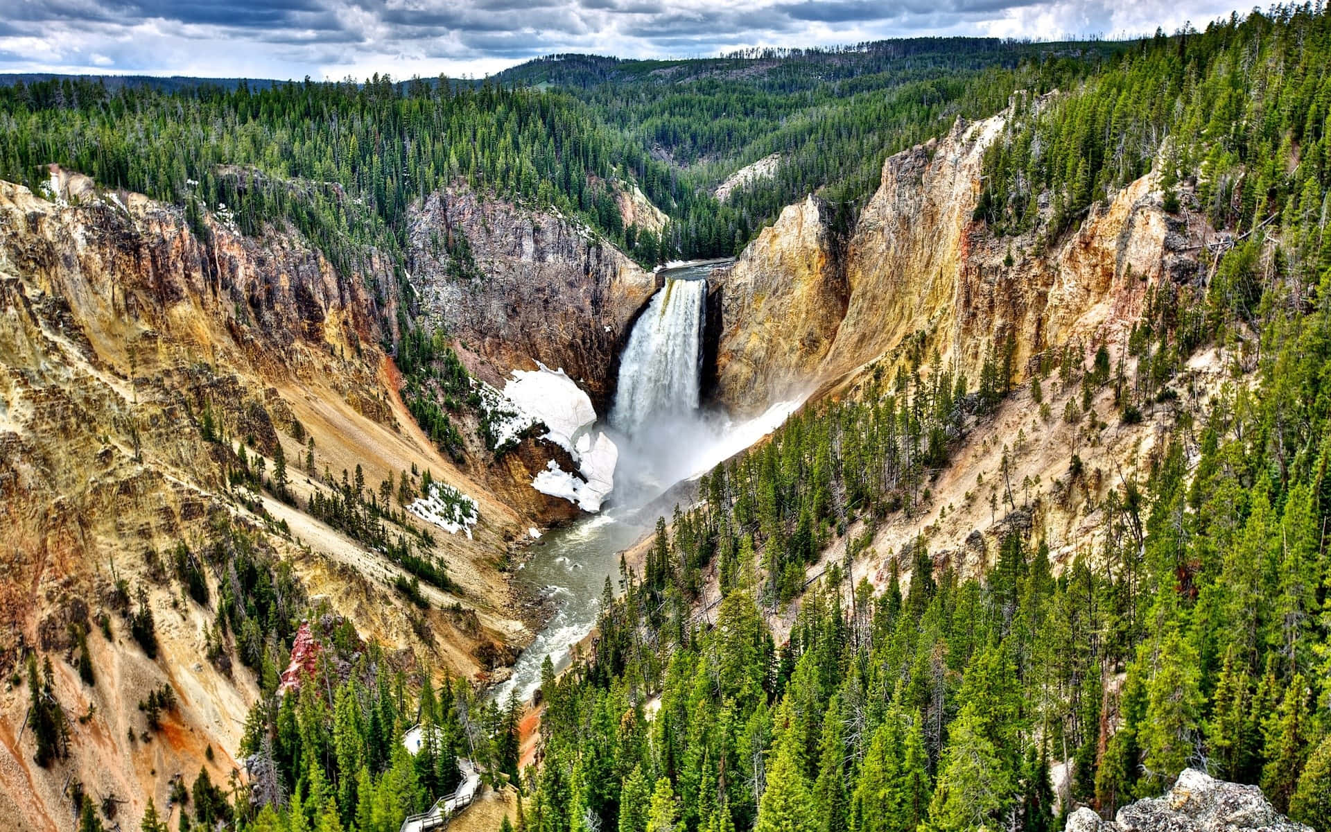 Yellowstone National Park, waterfall, rugged canyon, Full HD Desktop Wallpaper