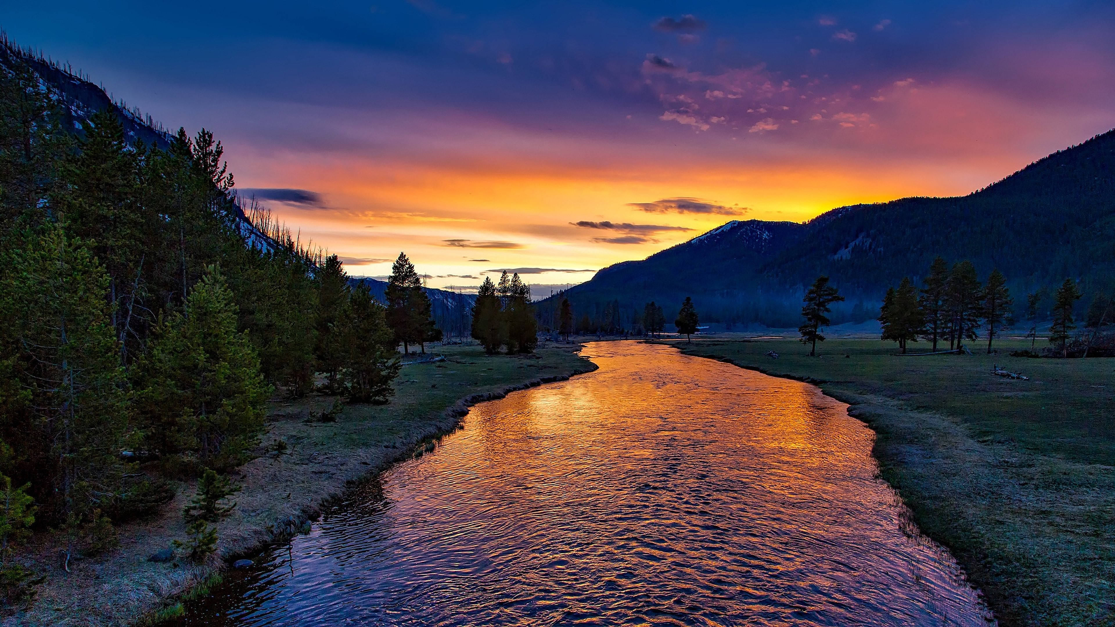 Yellowstone National Park, twilight, fiery sunset hues, 4K Desktop Wallpaper