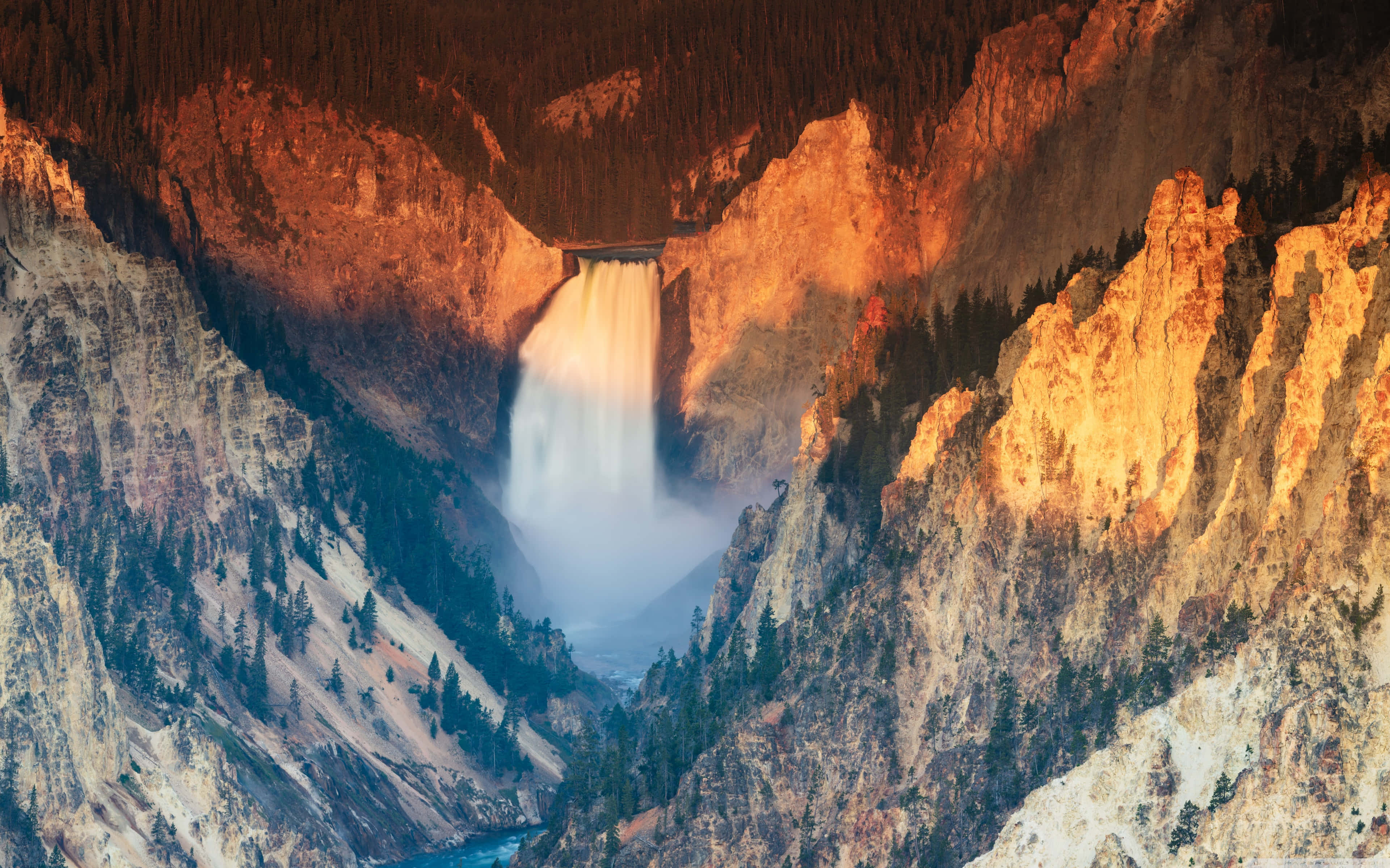 Yellowstone National Park, waterfall, rugged canyon, 4K Desktop Wallpaper