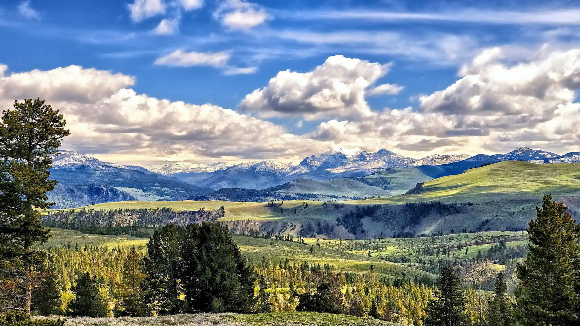Yellowstone National Park, valley, snow-capped mountains, Full HD Desktop Wallpaper