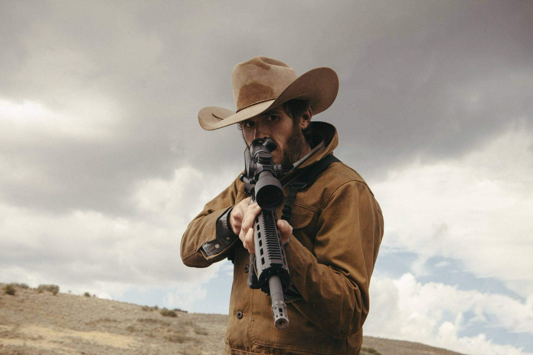 Yellowstone tv show, assault rifle, bearded man, Full HD Desktop Wallpaper