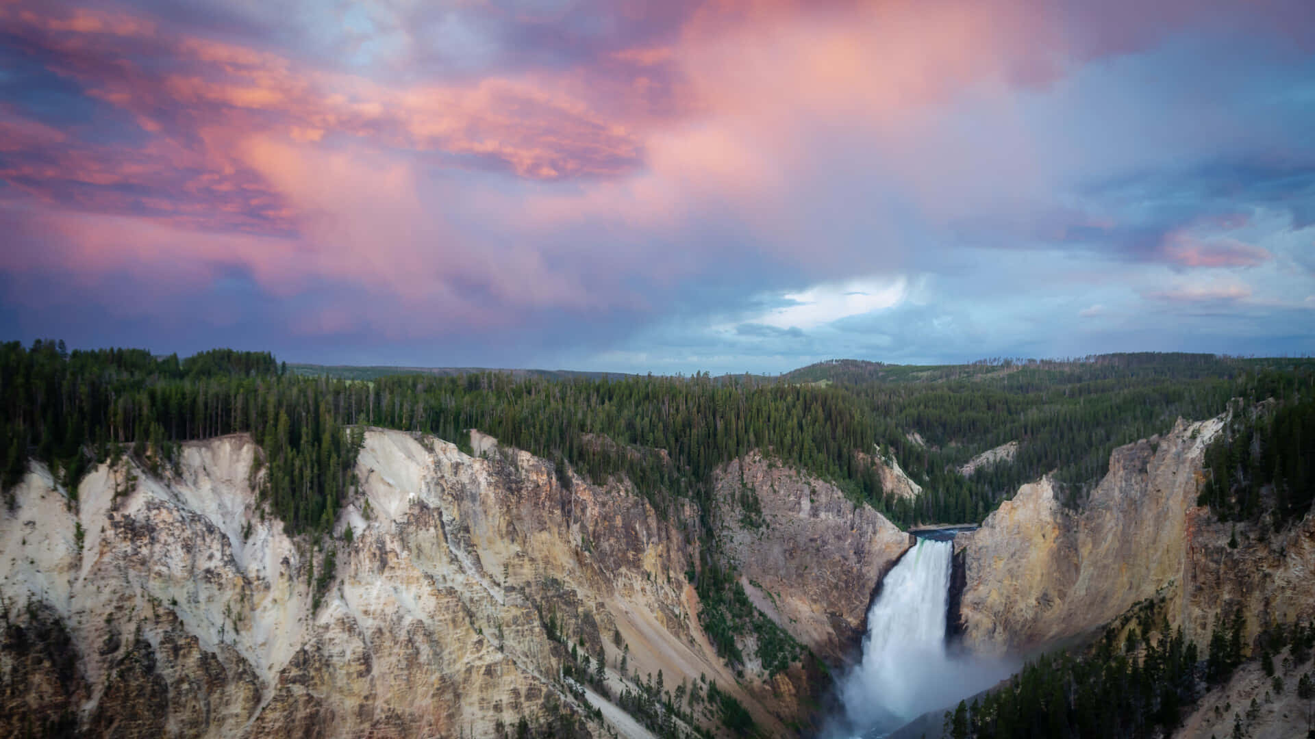 Yellowstone, sunset, waterfall, Full HD Desktop Wallpaper