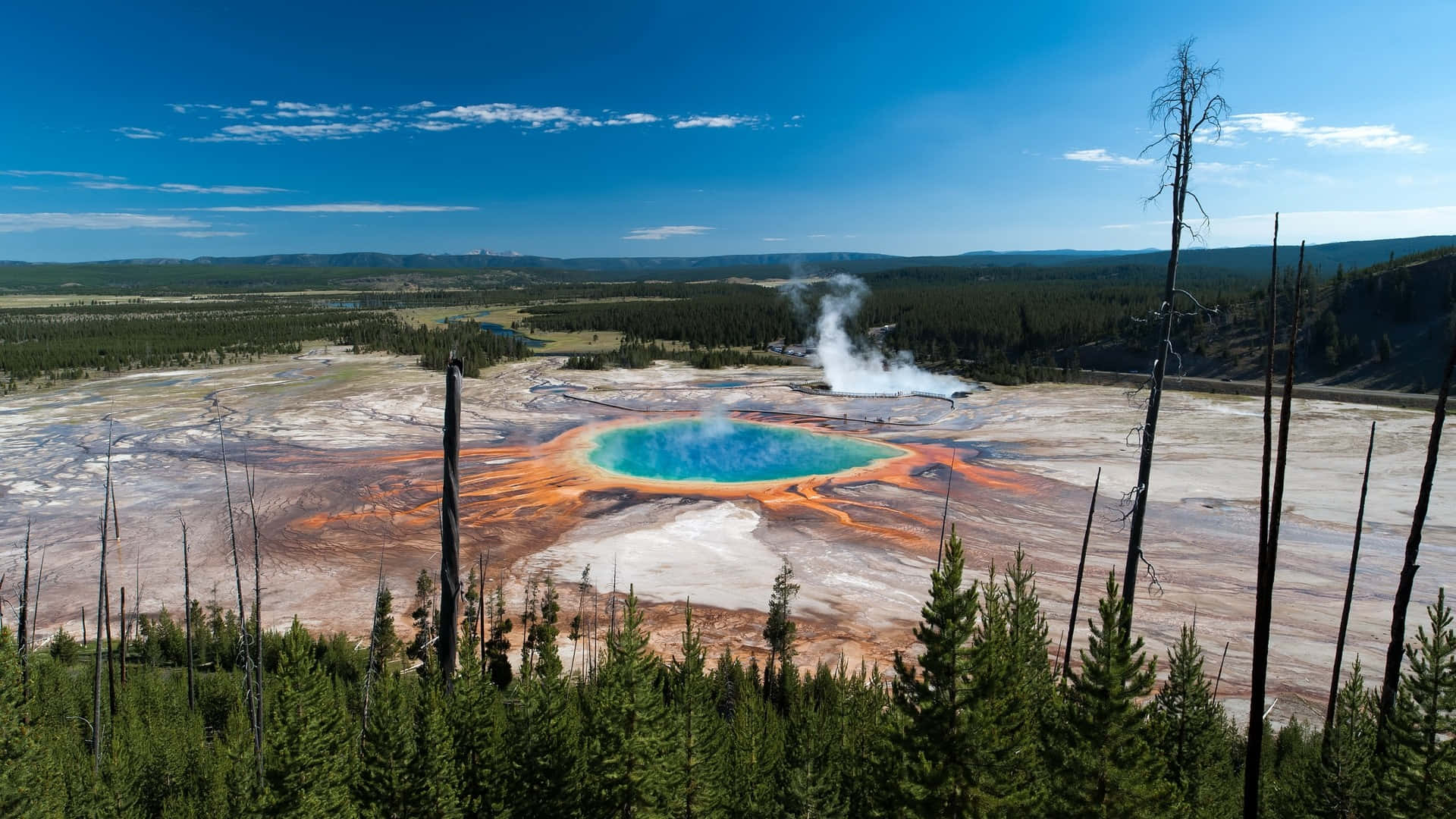 Yellowstone, turquoise hot spring, rust-colored mineral deposits, Full HD Desktop Wallpaper