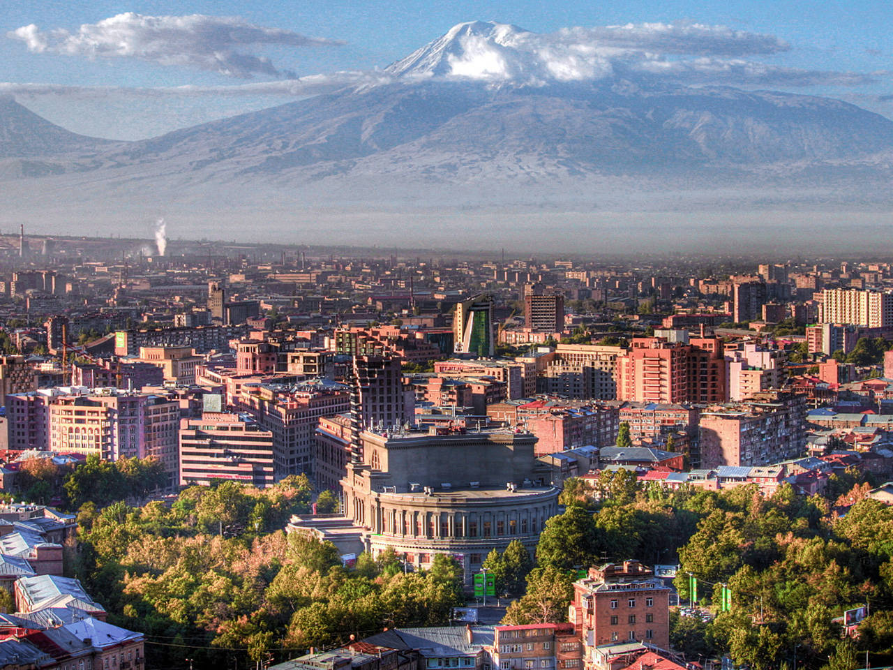 Yerevan, snow-capped mountain, partly cloudy sky, HD Desktop Wallpaper