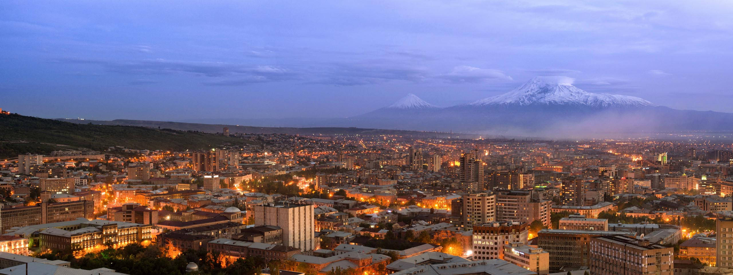 Yerevan, snow-capped mountains, dusk, 2K Desktop Wallpaper