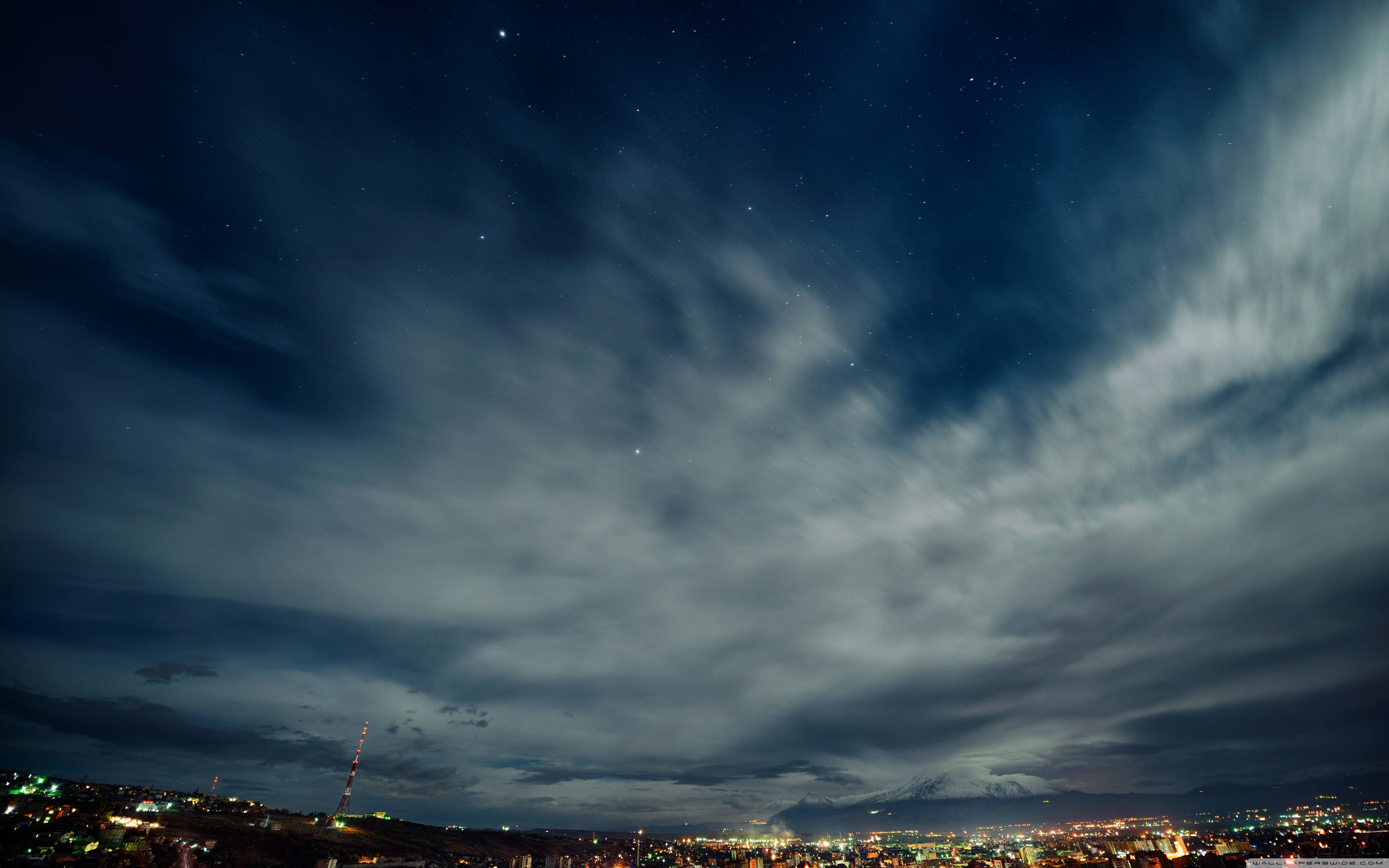 Yerevan, starry sky, wispy clouds, 4K Desktop Wallpaper