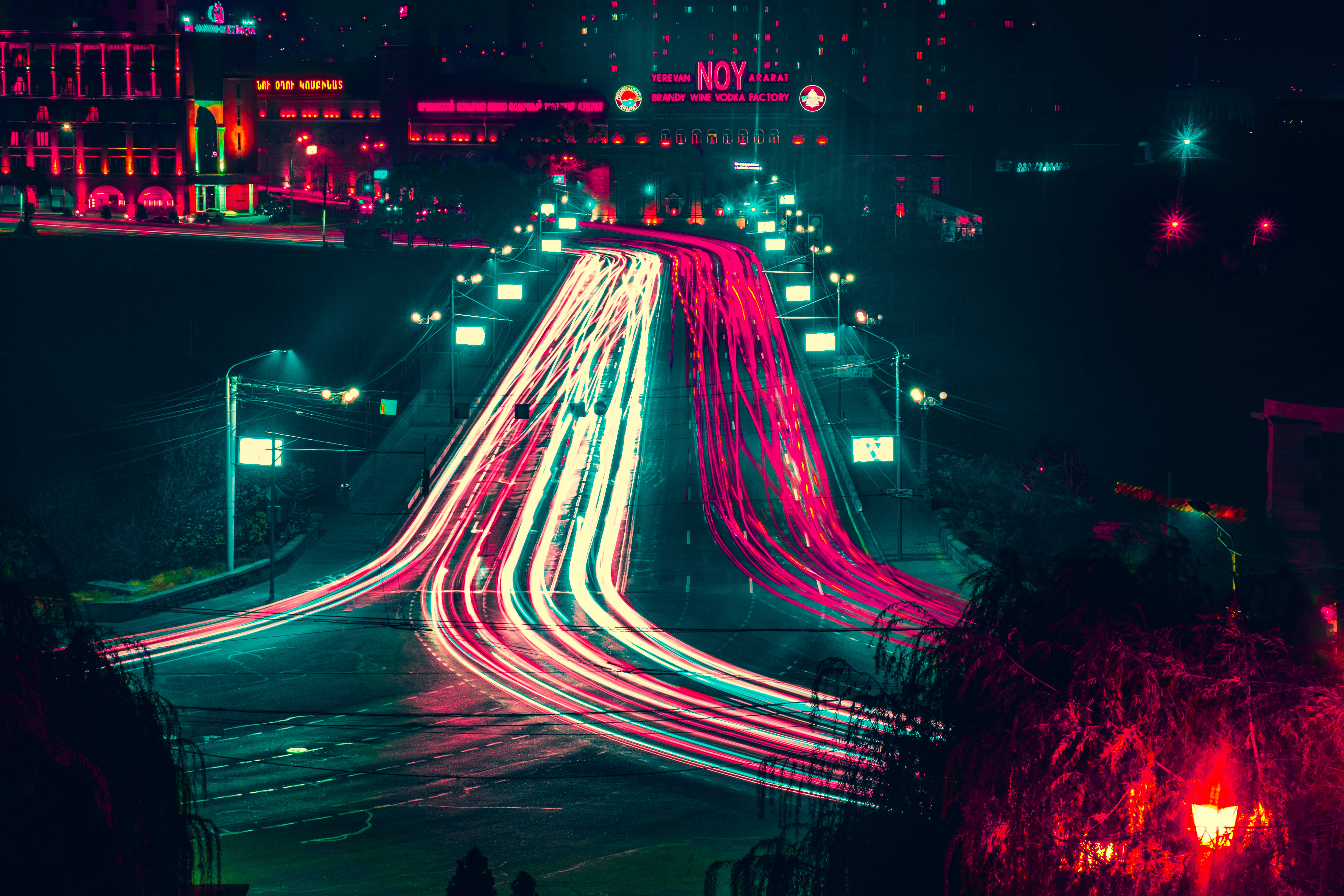 Yerevan, neon light trails, cars, 5K Desktop Wallpaper