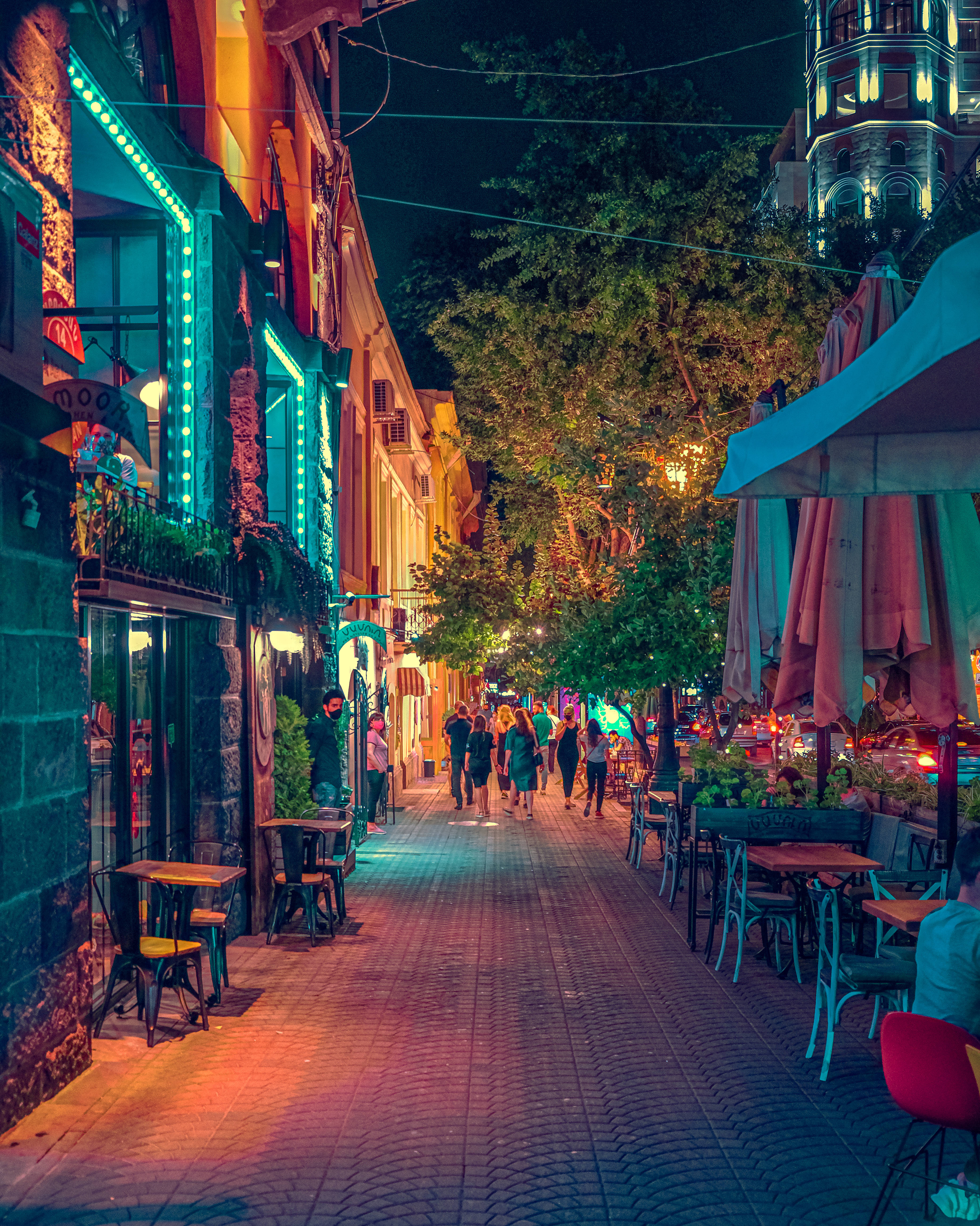 Yerevan, neon lights, bustling pedestrian street, 5K Phone Wallpaper
