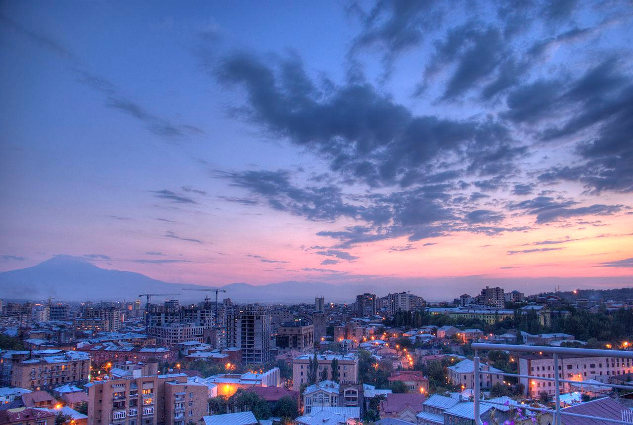Yerevan, twilight, purple and orange sky, HD Desktop Wallpaper