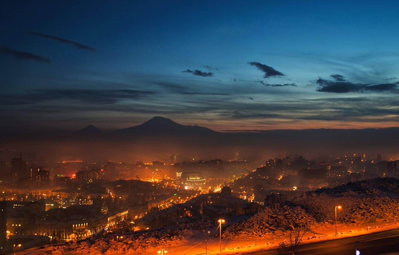 Yerevan, snowy cityscape, dusk, HD Desktop Wallpaper