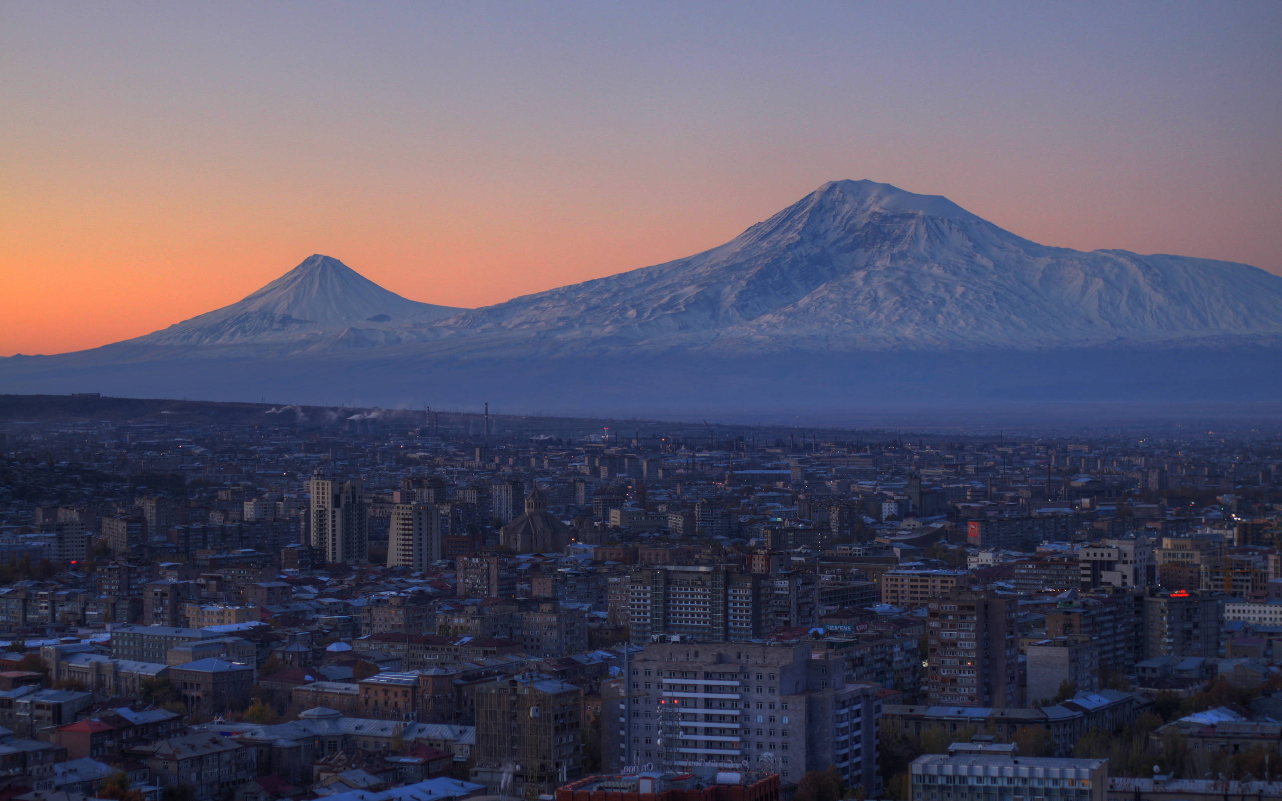 Yerevan, sunset, snow-capped mountains, 2K Desktop Wallpaper