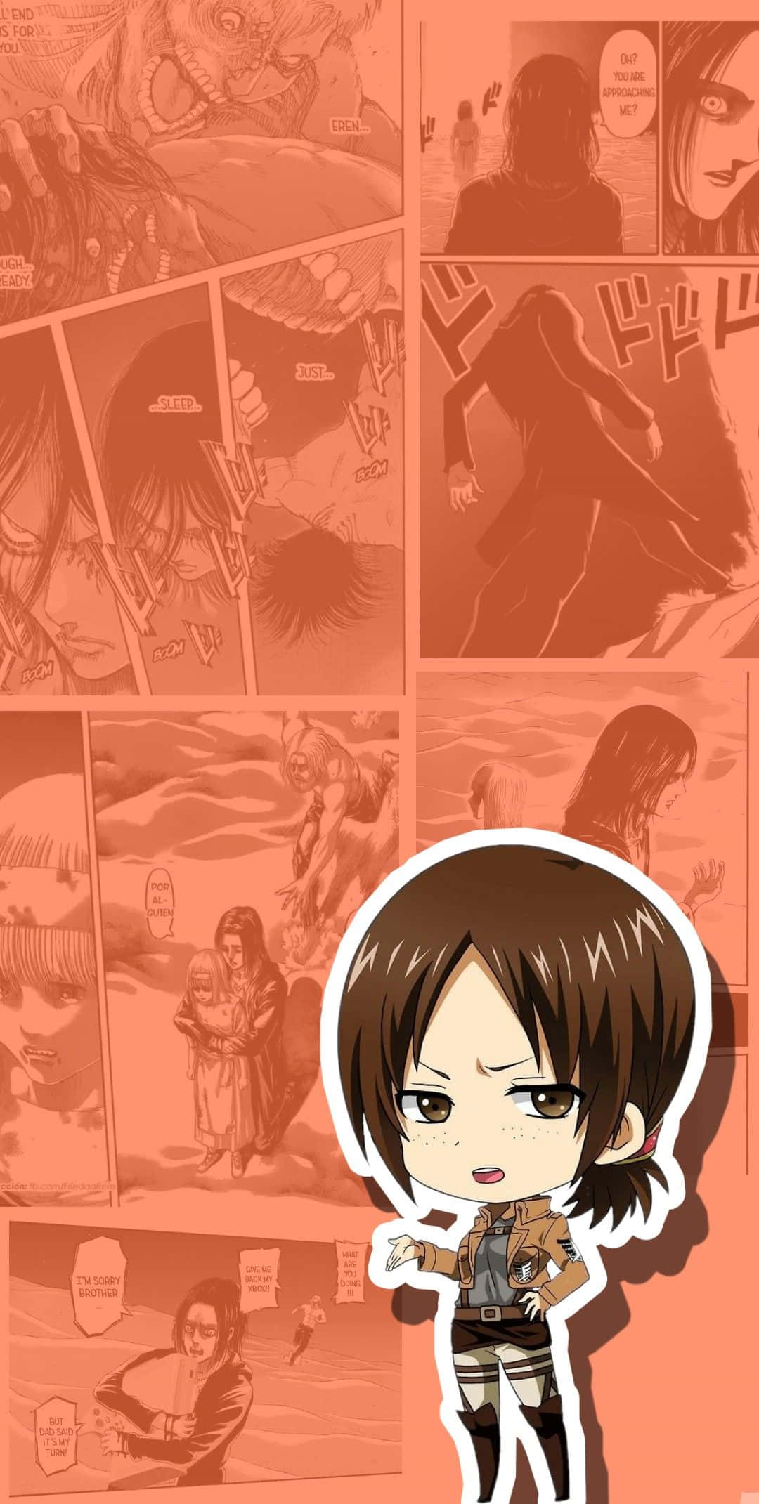 Ymir, chibi-style anime character, red-tinted manga panel collage, Full HD Phone Wallpaper