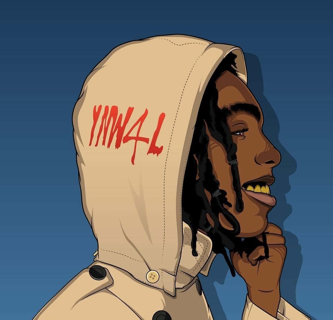 Ynw Melly Cartoon, beige hoodie, red graffiti text, SD Desktop Wallpaper