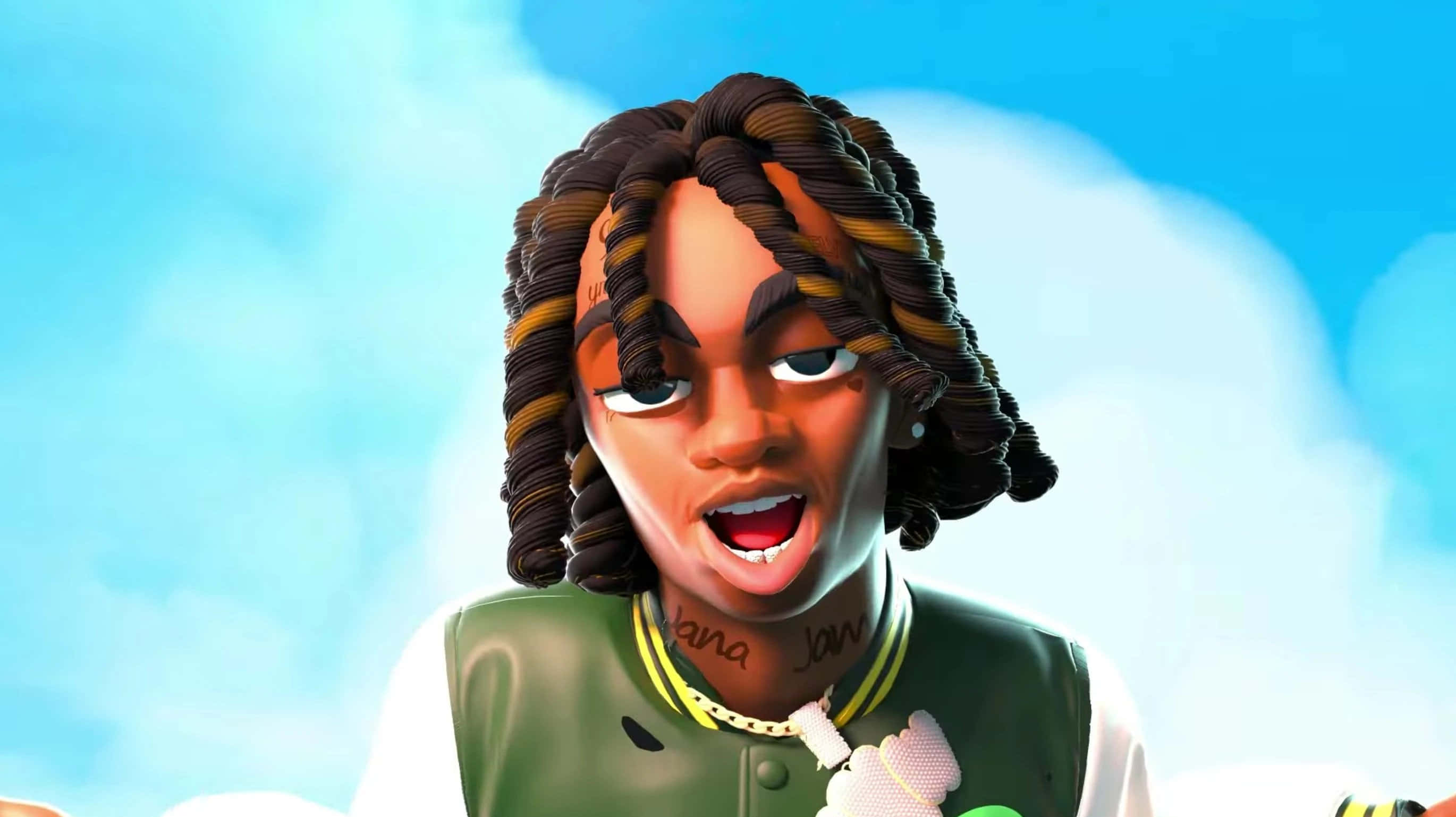 YNW Melly Cartoon, braided hair, green vest, 2K Desktop Wallpaper