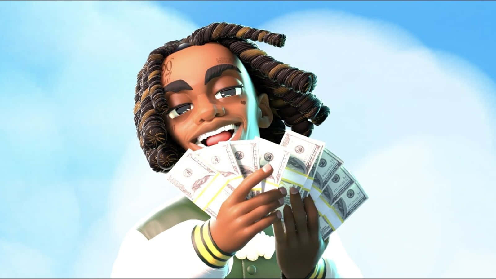 YNW Melly Cartoon, braided hair, stacks of US dollar bills, HD Desktop Wallpaper