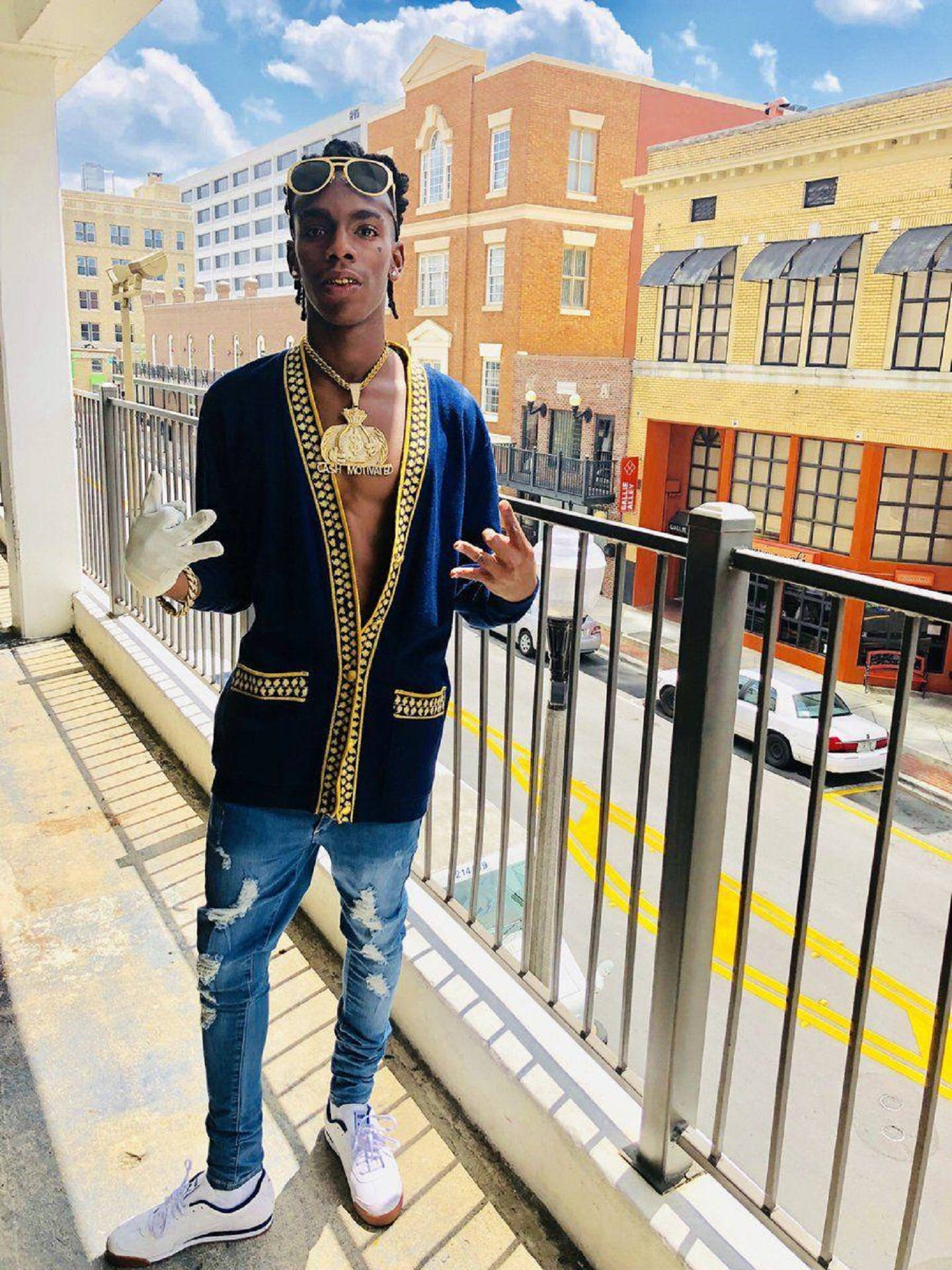 Ynw Melly, gold-embroidered blue cardigan, ripped jeans, Full HD Phone Wallpaper