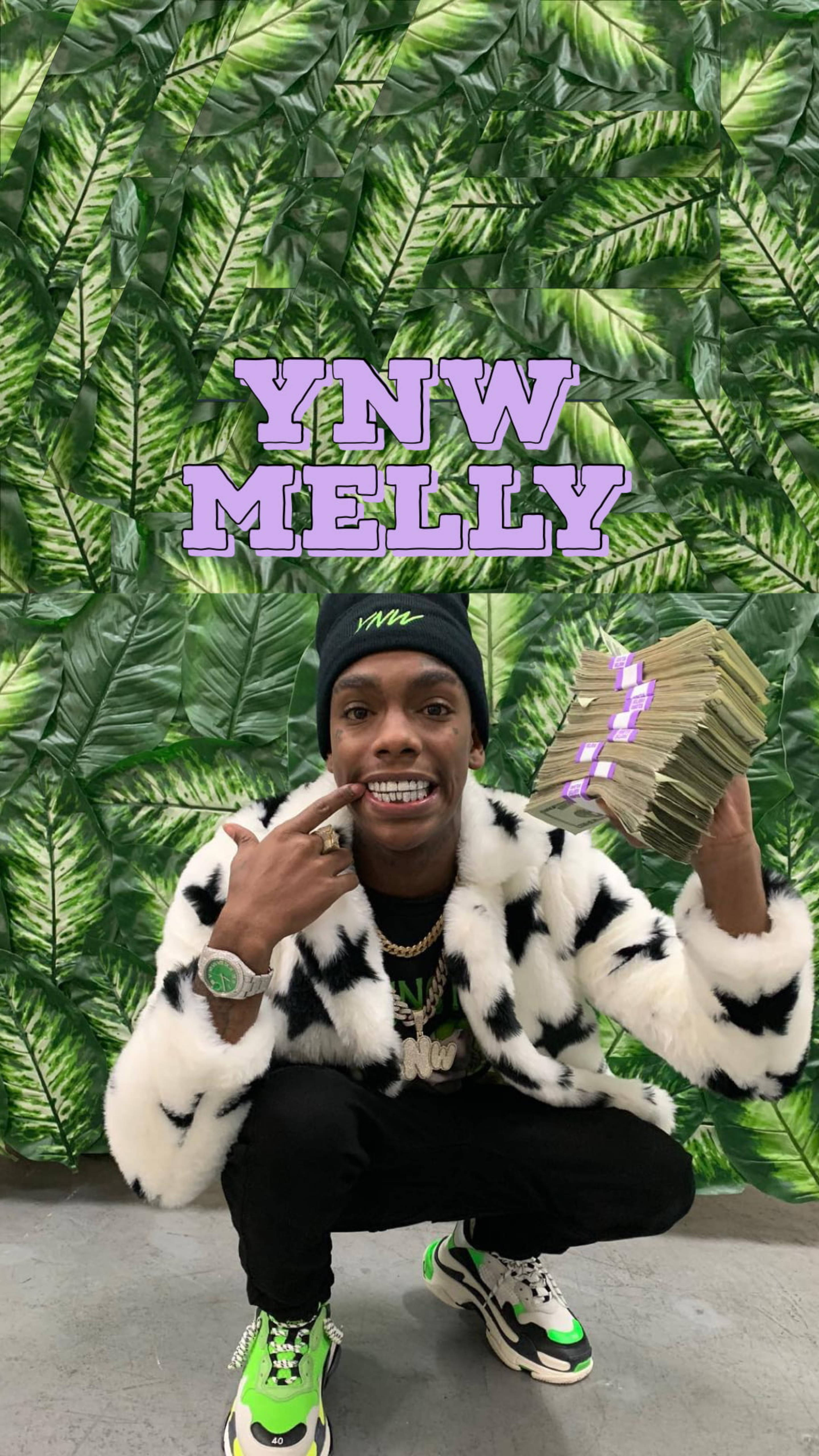 YNW Melly, green leafy backdrop, black and white fur coat, 5K Phone Wallpaper