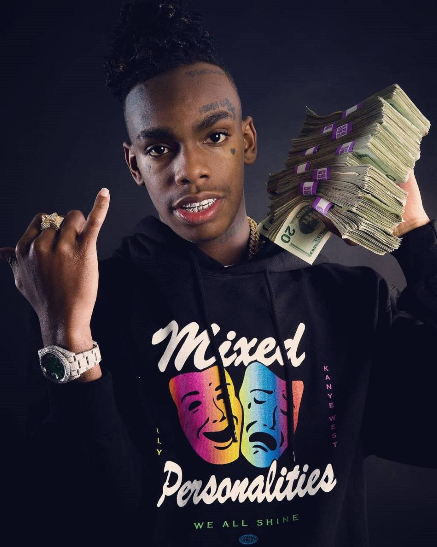 Ynw Melly, black hoodie, stacks of cash, Full HD Phone Wallpaper