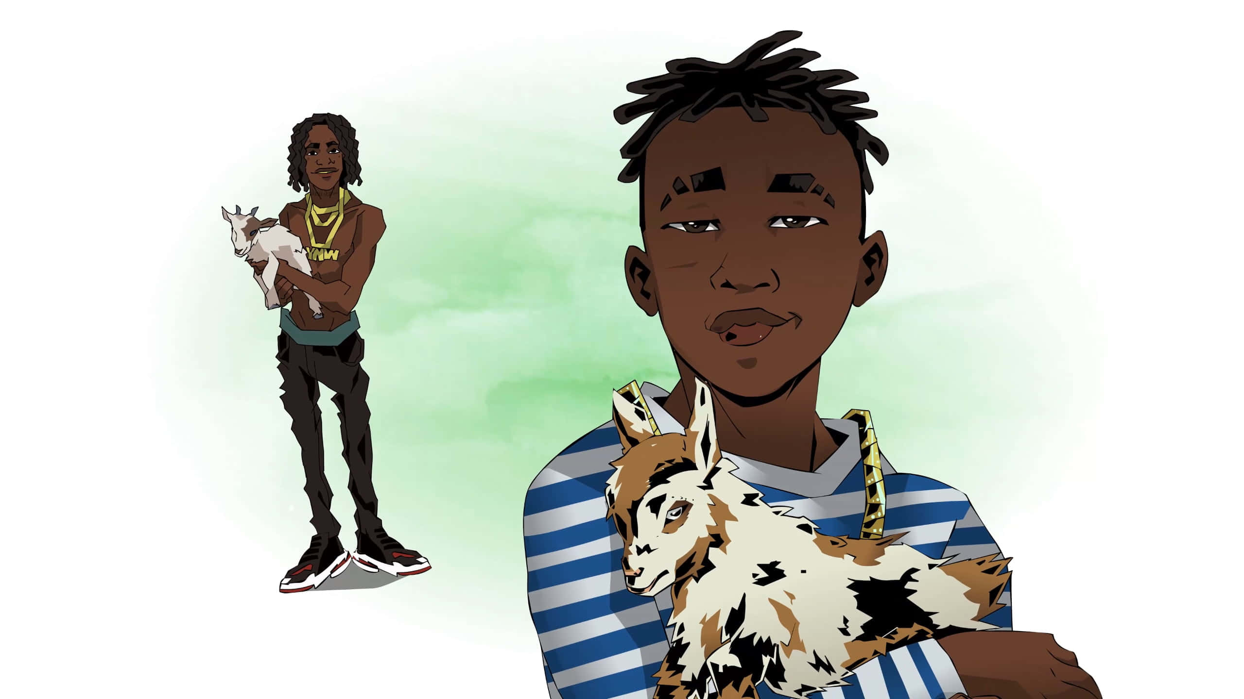 YNW Melly, cartoon art, dreadlocks, 2K Desktop Wallpaper