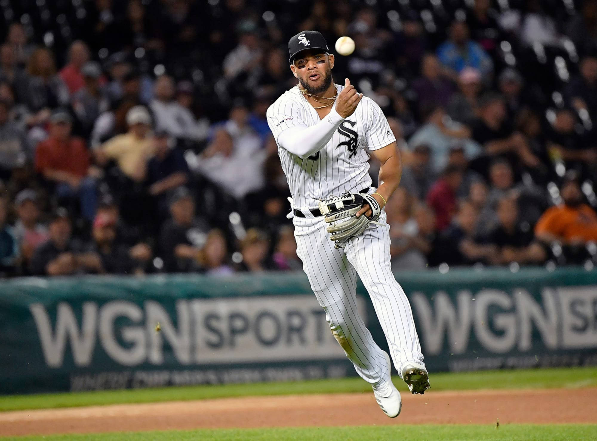 Yoan Moncada, white pinstripe uniform, night game, Full HD Desktop Wallpaper