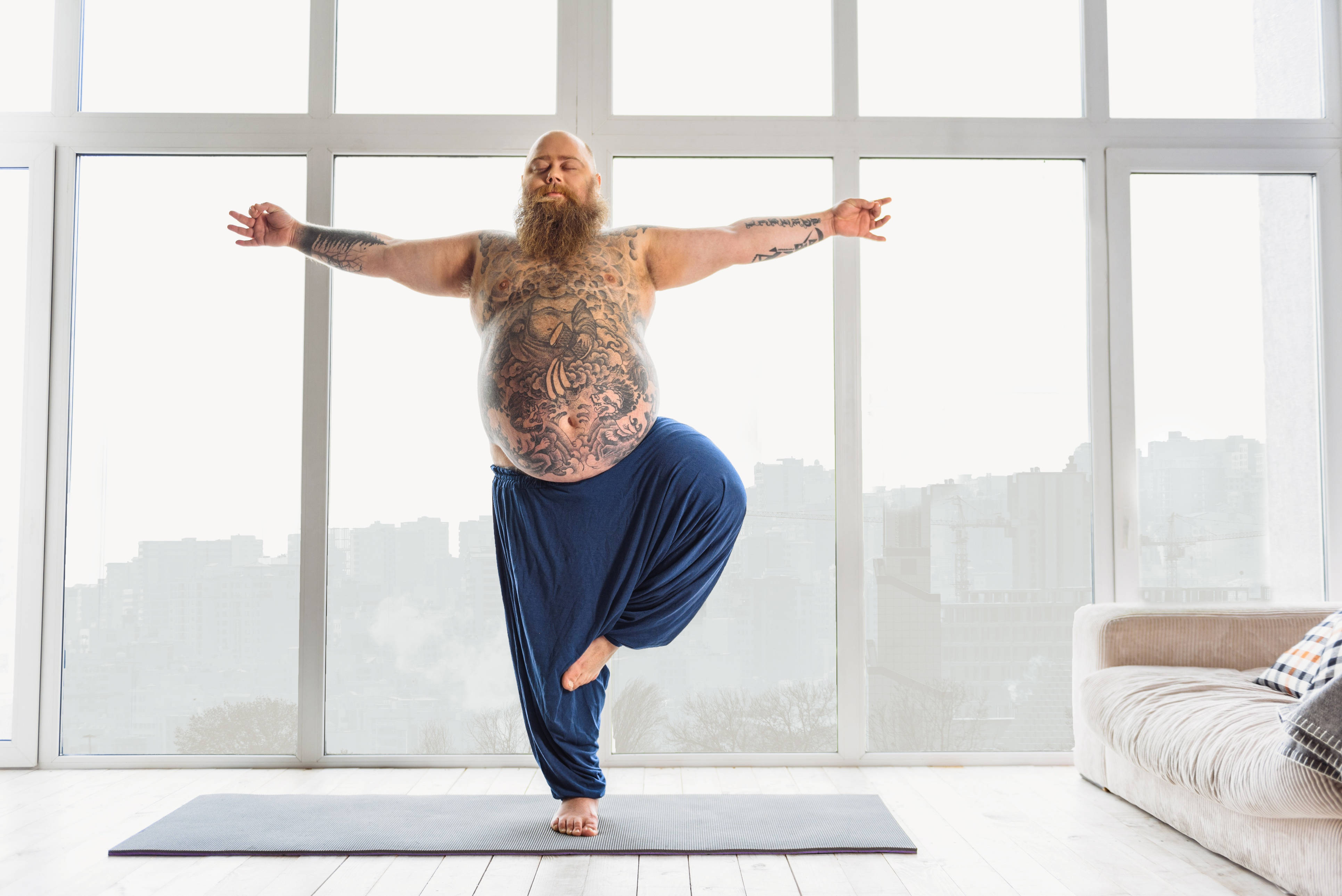 tree pose, yoga mat, bright window, 4K Desktop Wallpaper